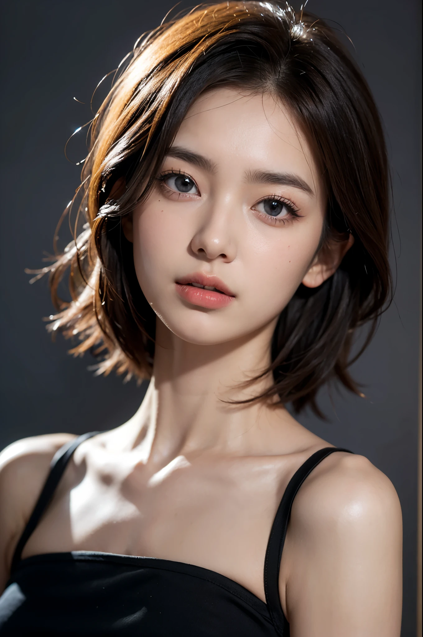 Skinny black top:1.2, looking at viewert, 电影灯光, perfect pubic bone, gentlesoftlighting, high-resolution skin:1.2, realistic skin textures, 30 age old、a small face、and makeup、, cropped shoulders,Bust B cups、 , eBlue eyes, Short hair details, dark brown hair、、greybackground、