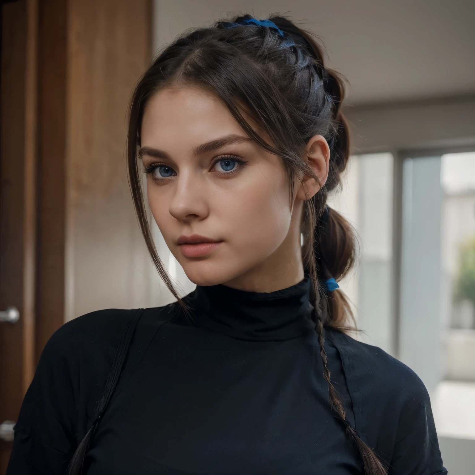 (best quality,highres,ultra-detailed,realistic:1.2), A white girl with (beautiful detailed blue eyes), a (ponytail) hairstyle with two loose strands of hair in the front, and (black clothes), who appears to be about twenty-two years old.