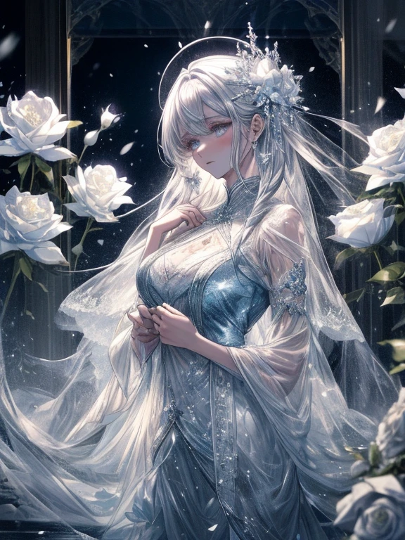 scenecy, Paradise in Heaven, White lighting,(masutepiece), (Best Quality), (Cinematic), 8K, (art  stations), Li Yue painting style.(長い白い髪とSilvery eyesを持つ1人の女), (流れるような白くSheerドレス)、(Beautiful delicate face)、[ Particle Lou Full Moon] [Frozen trees々] [landscape crystal] [Lighting] [Ethereal Atmosphere]:1.1] [Fantasy, short story] [soft Lighting] [+Cinematic shot]:1.2 [+art  stations] [+luminous white background] [+soft Lighting] [soft glow] [Creative and dynamic angles]:1.3, [+Crystal Toning] 、masutepiece, ighly detailed, Ultra-detailed, Solo, (pale skin), Silvery eyes, Frosty white hair, (snowy background), (snowflake rosen flower:1.0), crystal crown, (shining crystal), (((白くSheerドレス))), (Snowy ground), (Icy breath), (White lashes), 花のある部屋に立つSheer繊細なウェディングドレスを着た美女, Female sexy、luxurious wedding, very magical and dreamy, dreamy and detailed, ethereal fairy tale, The setting of a fairy tale:,贅沢なSheer薄いドレス, dreamy diamond、たくさんのクリスタルが付いたSheerドレス, fantasy sheer dress, A magical dress with a transparent chest, crystal see-through dress, Feminine atmosphere and drama in a transparent dress with sparkling flowers, Gorgeous setting, 妖しい雰囲気 masutepiece, The most beautiful scenes, An majestic、(((full of white flowers)))、quiet and serene atmosphere、A charming, Sheer,The nipple is visible、large boob、sexy-S 100,たくさんのクリスタルが付いたSheerドレス, fantasy sheer dress, Transparent chest dress, See-through dress studded with crystals, Woman in a transparent dress with sparkling white flowers, intricate fantasy sheer dress, transparent rainbow color, Detailed translucent costume design, transparent dress, a stunning young ethereal figure, Bejeweled Opal Statue, fantasy transparent costume,pure white and dazzling、all white tones,Inside the crystal library,Transparent flowers and falling snow，Many white roses are planted,(flowingwater,falls,water bloom),The decoration is also carefully done.,Dreamy（ighly detailedです，Creative Design，crisp and precise lines，K HD，best qualtiy，tmasterpiece，超hight resolution，4K）、huge tit、Underwear models、Diverse poses、((beautiful white flower hair ornament))、beautiful hairl型、Full body view、sexymodel、Overhead view, look from above、(Best Quality, 4K, 8K, hight resolution, masutepiece:1.2), Ultra-detailed, Detailed expression, Graceful posture, dreamy ambiance, expressive brush strokes, mystic atmosphere, artistic interpretation,beautiful hairl，Delicate floral jewelry， 驚くほど小さな新鮮なスタイルのSheerドレス、 Subtle colors and tones,