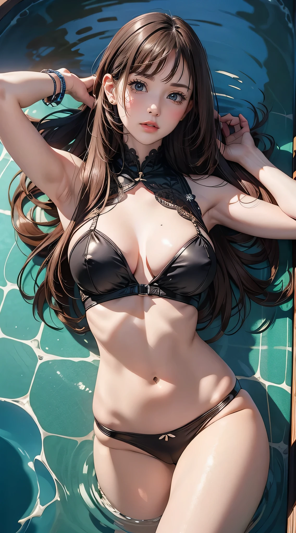 Over Head Shot,Floating on water,Lying,on back,Stretching,1girl in,(Ultra detailed skin),Curve,Petite,Beautiful breasts,Large breasts,pale skin,pointed breast,Erect nipples,(Fantasy Art,Highest image quality,Hyperrealist portrait,(8K),Ultra-realistic,Best Quality, High quality, High Definition, High quality texture,high detailing,Beautiful detailed,fine detailed,extremely details CG,Detailed texture,realistic representation of face,masutepiece,presence,Dynamic,Bold),Bob Hair,(super thin hair),(ultra soft hair),(ultra straight hair:1.5),Swept long bangs,Extra bright coppery amber hair,Hair over one eye