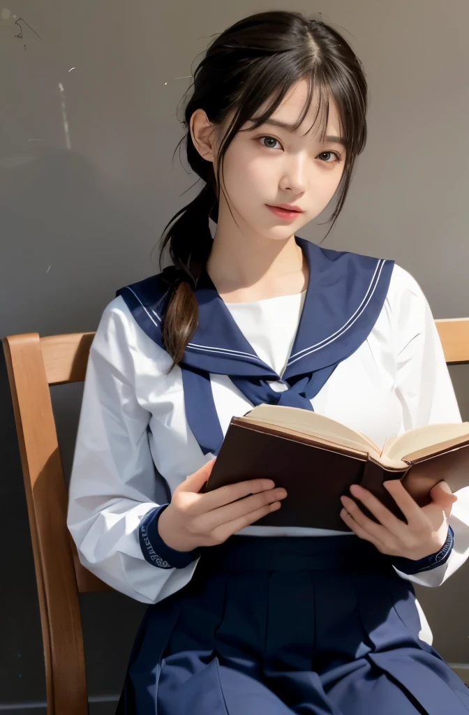1girll,girl sitting on a chair and reading a book,Idol-class cuteness,poneyTail,Accurately drawn face,tre anatomically correct,Slender but big breasts,a sailor suit,Holding a book in hand,photorealisim,​masterpiece,hiquality,