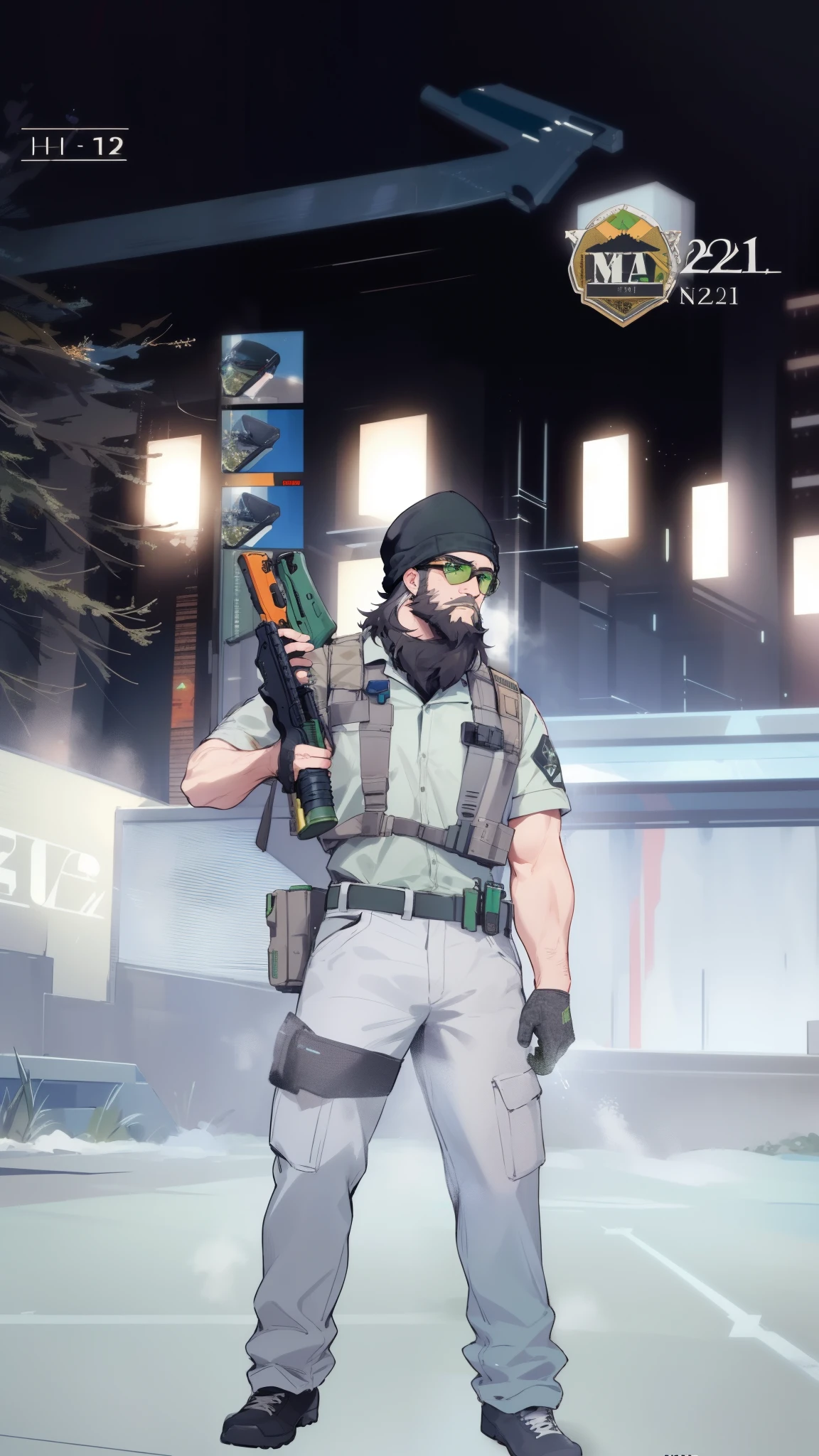 there is a man holding a gun and a gun in his hand, screen shot of cod, heavy weapons guy, 2025, 2 0 2 4, 2024, 2012, 2 0 1 2, video game screenshot, screenshot from game, 2 k, 2k, ps 3 screenshot, added detail, heavy vignette!, ((wearing a black beanie)), ((beard)), ((Safety glasses)), ((green army uniform)), ((holding a blue gun)), perfect hands, perfect gun, perfectly holding gun