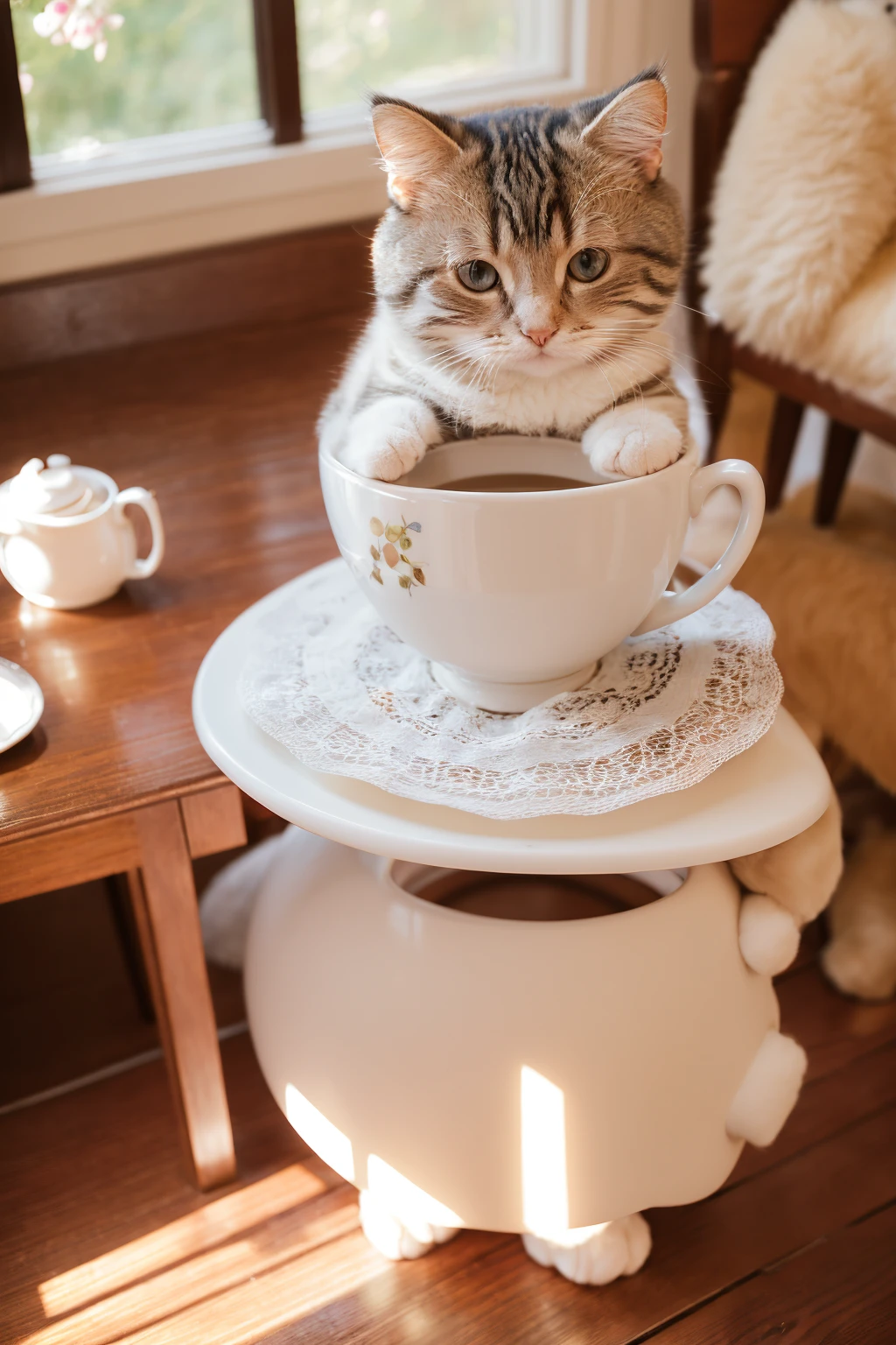 catss、(Kizitora)、(((Has a small)))、In a teacup、Showing your face、Putting out the front paws、8k、professional photograpy、delicate、vivid、on table、in a house、Sheer sunlight、Light leak、​masterpiece、(((lovely)))、Stylish teacups、(reality)、plushies、Round pupils