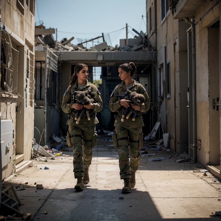 Create a 3D image of a female soldier carrying a kitten and walking into her quarters. The scene is a destroyed city, unreal engine 5 style.