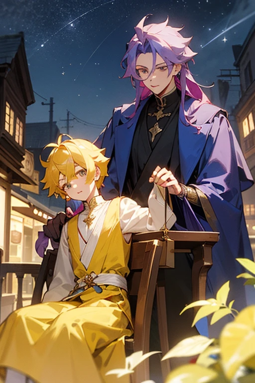 ((Best quality at best)), ((tmasterpiece)), (Detailed pubic hair), s the perfect face,2boy,Blue starry sky and bustling streets,On the right is a yellow-haired boy who is shopping and wearing a mid-length tunic suit.,The boy with long purple hair on the left is wearing a red wedding dress、Wearing various accessories、Sitting in an eight-person sedan,