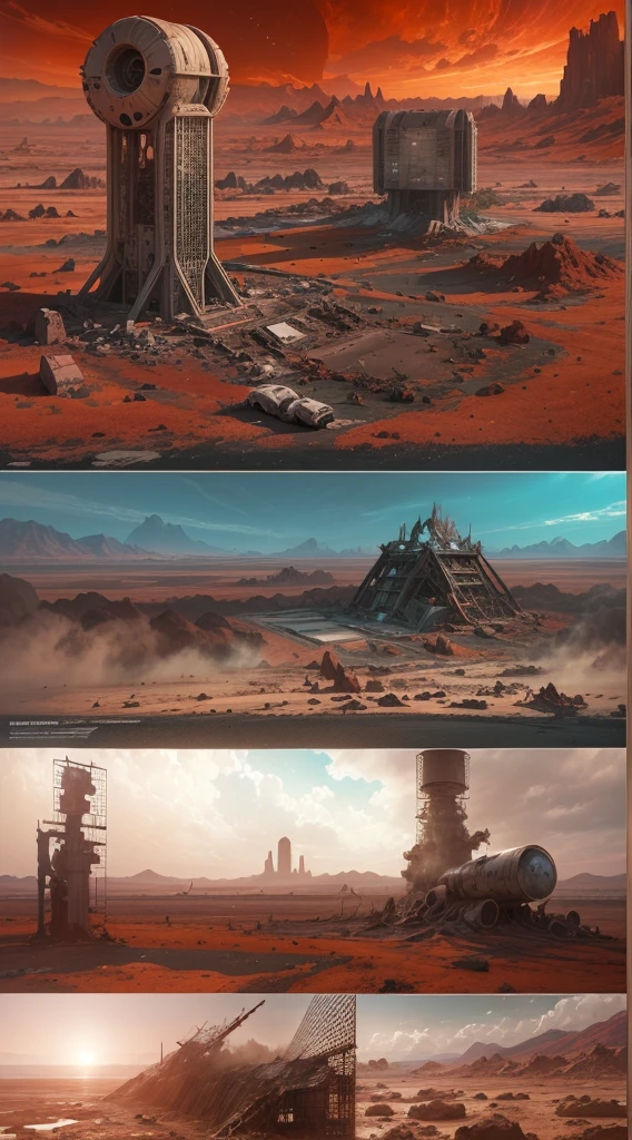 movie poster,Mars ancient starship wreckage,red planet,(Astronaut explorer),dystopian future,desolate landscape,ruins,ancient technology,otherworldly,sci-fi,abandoned,ominous sky,vibrant colors,crumbling structures,dramatic lighting,creepy,post-apocalyptic,twisted metal,haunting,lonely, setting,extraterrestrial,cosmic,atmospheric,unearthly scenery,bleak,deserted,imposing presence,futuristic,distant horizon,remnants of civilization,(best quality,4k,8k,highres,masterpiece:1.2),ultra-detailed,(realistic,photorealistic,photo-realistic:1.37)