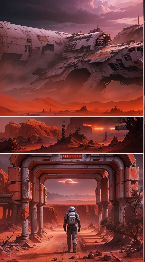 movie poster,Mars ancient starship wreckage,red planet,(Astronaut explorer),dystopian future,desolate landscape,ruins,ancient technology,otherworldly,sci-fi,abandoned,ominous sky,vibrant colors,crumbling structures,dramatic lighting,creepy,post-apocalyptic,twisted metal,haunting,lonely, setting,extraterrestrial,cosmic,atmospheric,unearthly scenery,bleak,deserted,imposing presence,futuristic,distant horizon,remnants of civilization,(best quality,4k,8k,highres,masterpiece:1.2),ultra-detailed,(realistic,photorealistic,photo-realistic:1.37)