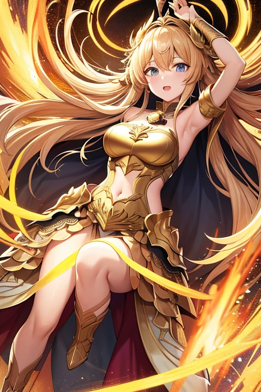 long blonde hair, goddess，cleavage，golden dragon horn,The body has golden dragon scales,golden dragon tail，thigh,thong,mountain cliff