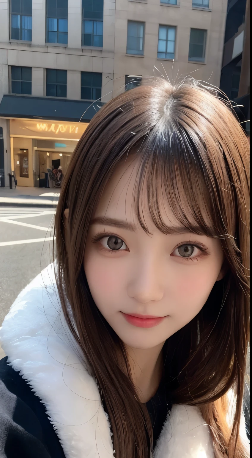 masutepiece, Best Quality, Illustration, Ultra-detailed, finely detail, hight resolution, 8K Wallpaper, Perfect dynamic composition, Beautiful detailed eyes, Winter dress,Medium Hair, Small breasts, Natural Color Lip,Smile,Big city、20 years girl、Midnight、beautifull detailed face、Perfect and beautiful face、slim face and style,Spread your arms wide,Big eyes,Take a photo from below the knees at a face angle