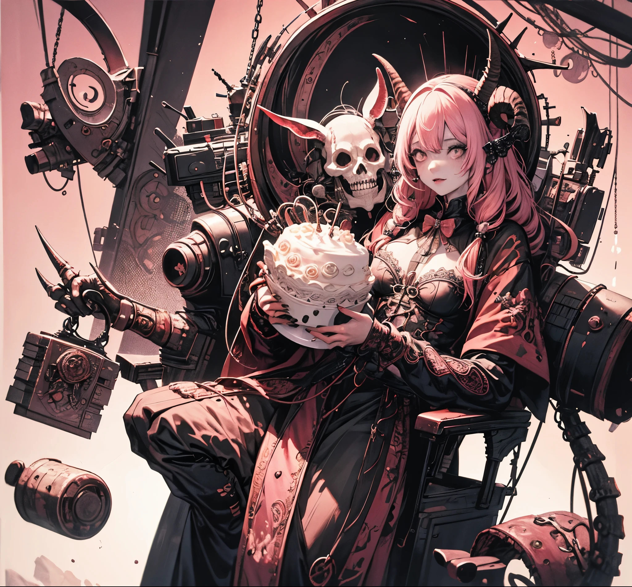 official art, unity 8k wallpaper, ultra detailed, beautiful and aesthetic, High quality, beautiful, masterpiece, best quality, (zentangle, mandala, tangle, entangle:0.6), flat color, limited palette, low contrast, a cute girl serving cake to demons, pink, black, bright pastel colors, kawaii, (horror), eerie, rabbit skull, goat skull, in hell, creepy, demons, claws, best lighting