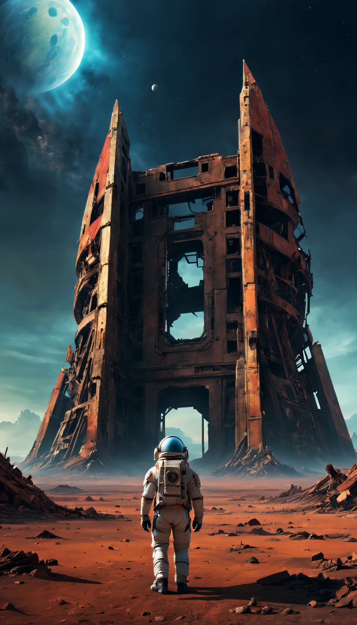filmposter,Mars ancient starship wreckage,Red Planet,(Astronaut explorer),The future of dystopia,desolate scenery,废墟,Ancient technology,Otherworldly,sci-fy,abandon,ominous skies,vivd colour,Crumbling structure,dramatic lights,crawling,postapocalyptic,Twist metal,unforgettable,Solitude, enviroment,extraterrestial,cosmic,Atmospheric,Otherworldly风景,Desolation,obsolescent,The presence of majesty,A futuristic,distant horizon,relics of civilization,(Best quality at best,4K,8K,A high resolution,tmasterpiece:1.2),ultra - detailed,(actual,photoactual,photo-actual:1.37)