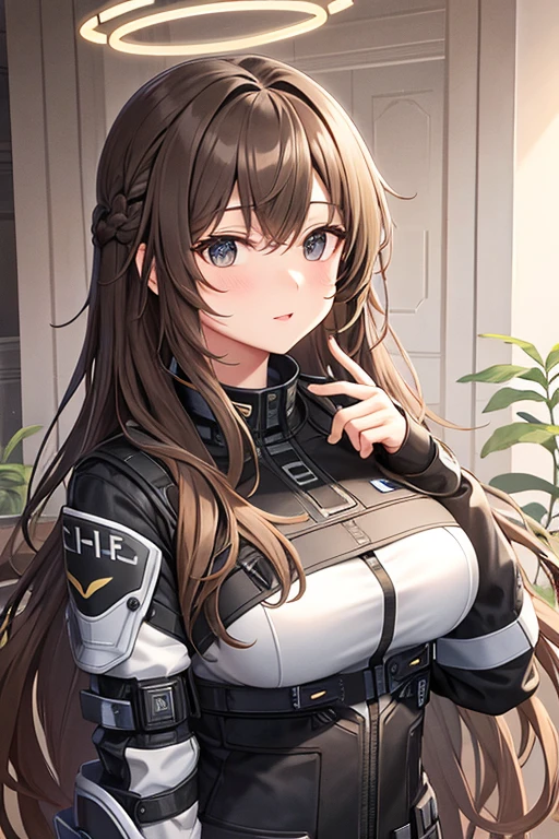 large black eyes, The halo, light brown long wavy hair, Black and blue science fiction armor, scifi style, high qulity, atmosphere, karo