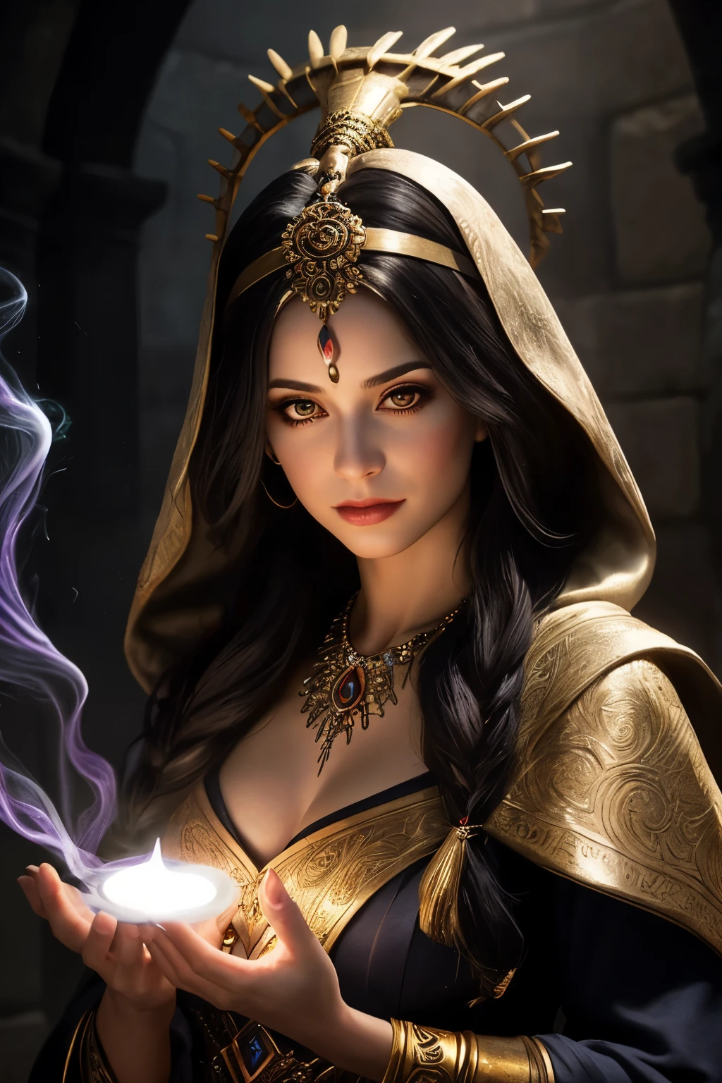 Sorceress Olympias: Create an image portraying Olympias as a mystical figure, with an air of dark magic around her, casting spells or performing mysterious rituals. Hyper realistic