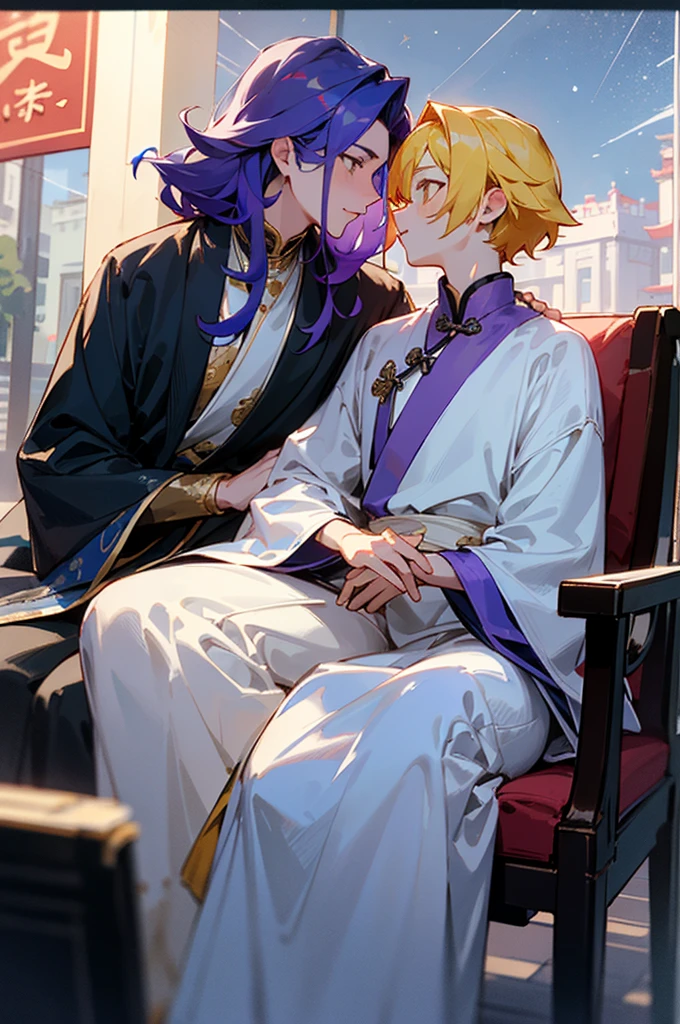 ((Best quality)), ((tmasterpiece)), (Detailed pubic hair), is a perfect face，2boy，Blue starry sky and bustling streets，On the right is a boy with yellow hair who is shopping in a mid-length tunic..，The boy with long purple hair on the left is wearing a Chinese red wedding dress、Wear various accessories、Sitting in an eight-person sedan，