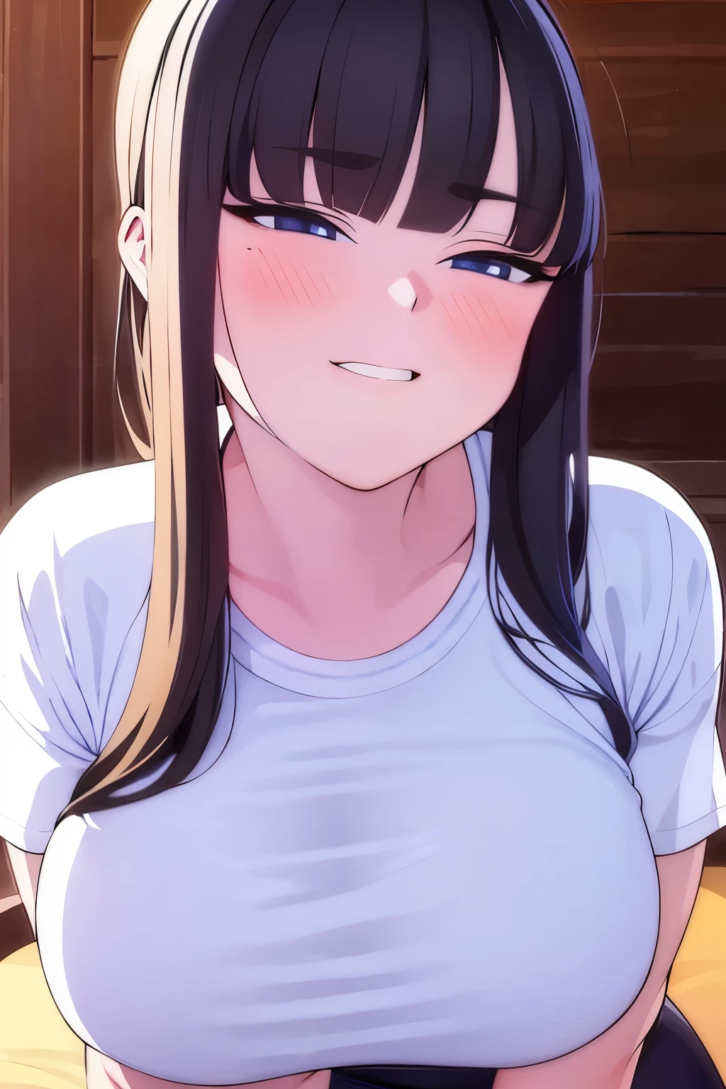 best quality, realistic:1.37), detailed portrait, blushing, lust face, black panties, white t shirt, smirk face, hentai, large breasts, NSFW