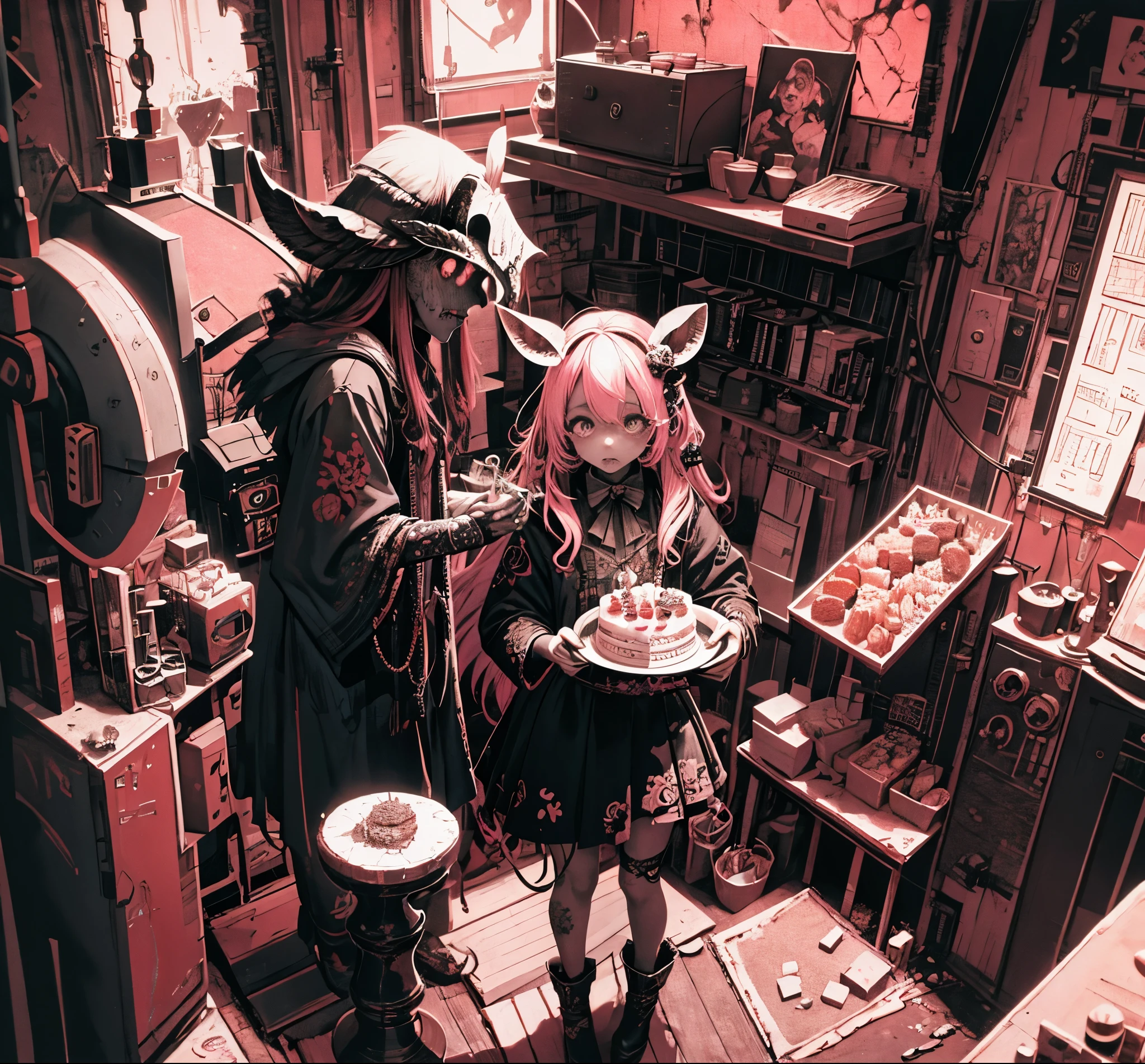 official art, unity 8k wallpaper, ultra detailed, beautiful and aesthetic, High quality, beautiful, masterpiece, best quality, (zentangle, mandala, tangle, entangle:0.6), flat color, limited palette, low contrast, a cute girl serving cake to demons, pink, black, bright pastel colors, kawaii, (horror), eerie, rabbit skull, goat skull, in hell, creepy, demons, claws, best lighting
