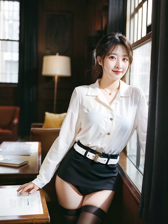 A 23-year-old woman wearing a bold miniskirt in a luxurious room, Rear view, Bold poses，Office Suits, Black stockings, garterbelts, Braless and white blouse, choker necklace, ssmile,Young Pretty Gravure Idol, Young Gravure Idol, Young Sensual Gravure Idol, Young skinny gravure idol, sophisticated gravure idol, masutepiece, Best Quality, exceptionally detailed RAW color photo, professional-grade photograph