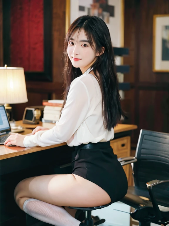 A 23-year-old woman wearing a bold miniskirt in a luxurious room, Rear view, Bold poses,Office Suits, Black stockings, garterbelts, Braless and white blouse, choker necklace, ssmile,Young Pretty Gravure Idol, Young Gravure Idol, Young Sensual Gravure Idol, Young skinny gravure idol, sophisticated gravure idol, masutepiece, Best Quality, exceptionally detailed RAW color photo, professional-grade photograph