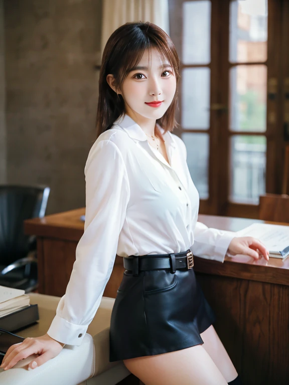 A 23-year-old woman wearing a bold miniskirt in a luxurious room, Rear view, Bold poses，Office Suits, Black stockings, garterbelts, Braless and white blouse, choker necklace, ssmile,Young Pretty Gravure Idol, Young Gravure Idol, Young Sensual Gravure Idol, Young skinny gravure idol, sophisticated gravure idol, masutepiece, Best Quality, exceptionally detailed RAW color photo, professional-grade photograph