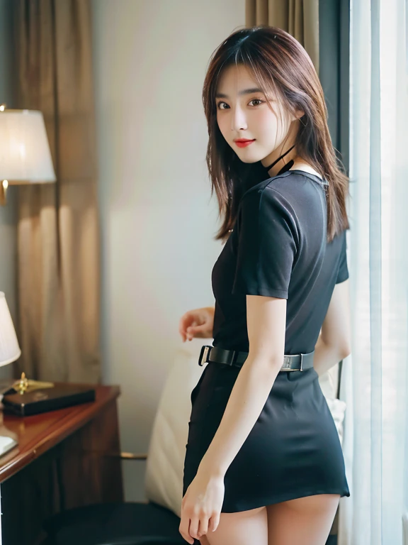 A 23-year-old woman wearing a bold miniskirt in a luxurious room, Rear view, Bold poses,Office Suits, Black stockings, garterbelts, Braless and white blouse, choker necklace, ssmile,Young Pretty Gravure Idol, Young Gravure Idol, Young Sensual Gravure Idol, Young skinny gravure idol, sophisticated gravure idol, masutepiece, Best Quality, exceptionally detailed RAW color photo, professional-grade photograph