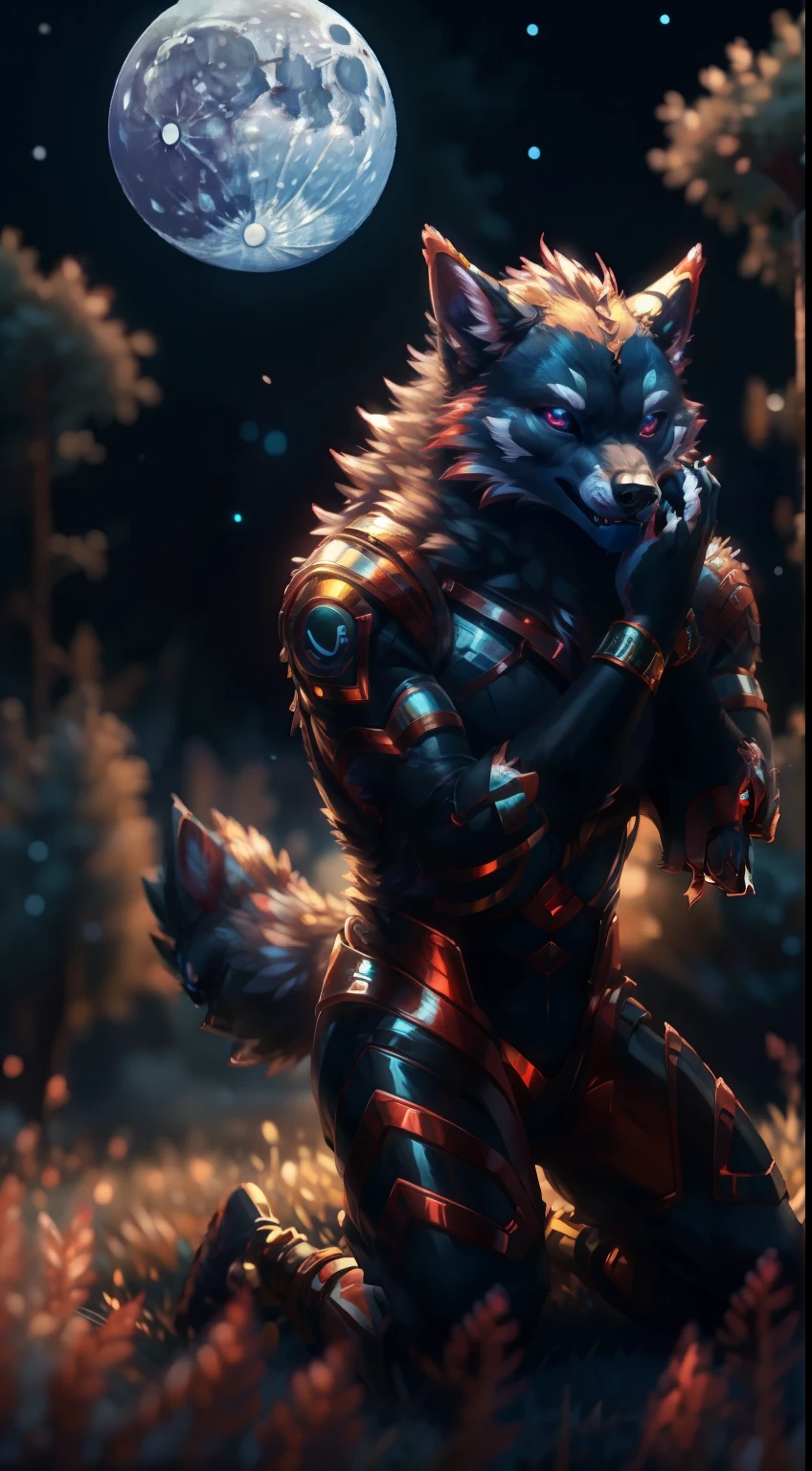 highly detailed scifi furry-fandom hq illustration, red handsome werewolf, looking to the camera gloomily, shiny eyes, moon on the background, fully body, full shot, kneeling, grass, have eyes on the camera, hold head in hands,