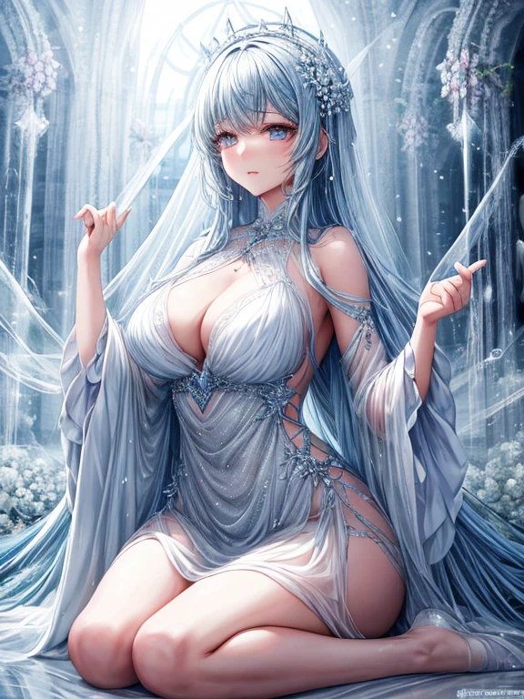scenecy, Paradise in Heaven, White lighting,(masutepiece), (Best Quality), (Cinematic), 8K, (art  stations), Li Yue painting style.(長い白い髪とSilvery eyesを持つ1人の女), (流れるような白くSheerドレス)、(Beautiful delicate face)、[ Particle Lou Full Moon] [Frozen trees々] [landscape crystal] [Lighting] [Ethereal Atmosphere]:1.1] [Fantasy, short story] [soft Lighting] [+Cinematic shot]:1.2 [+art  stations] [+luminous white background] [+soft Lighting] [soft glow] [Creative and dynamic angles]:1.3, [+Crystal Toning] 、masutepiece, ighly detailed, Ultra-detailed, Solo, (pale skin), Silvery eyes, Frosty white hair, (snowy background), (snowflake rosen flower:1.0), crystal crown, (shining crystal), (((白くSheerドレス))), (Snowy ground), (Icy breath), (White lashes), 花のある部屋に立つSheer繊細なウェディングドレスを着た美女, Female sexy、luxurious wedding, very magical and dreamy, dreamy and detailed, ethereal fairy tale, The setting of a fairy tale:,贅沢なSheer薄いドレス, dreamy diamond、たくさんのクリスタルが付いたSheerドレス, fantasy sheer dress, A magical dress with a transparent chest, crystal see-through dress, Feminine atmosphere and drama in a transparent dress with sparkling flowers, Gorgeous setting, 妖しい雰囲気 masutepiece, The most beautiful scenes, An majestic、(((full of white flowers)))、quiet and serene atmosphere、A charming, Sheer,The nipple is visible、large boob、sexy-S 100,たくさんのクリスタルが付いたSheerドレス, fantasy sheer dress, Transparent chest dress, See-through dress studded with crystals, Woman in a transparent dress with sparkling white flowers, intricate fantasy sheer dress, transparent rainbow color, Detailed translucent costume design, transparent dress, a stunning young ethereal figure, Bejeweled Opal Statue, fantasy transparent costume,pure white and dazzling、all white tones,Inside the crystal library,Transparent flowers and falling snow，Many white roses are planted,(flowingwater,falls,water bloom),The decoration is also carefully done.,Dreamy（ighly detailedです，Creative Design，crisp and precise lines，K HD，best qualtiy，tmasterpiece，超hight resolution，4K）、huge tit、Underwear models、Diverse poses、((beautiful white flower hair ornament))、beautiful hairl型、Full body view、sexymodel、Overhead view, look from above、(Best Quality, 4K, 8K, hight resolution, masutepiece:1.2), Ultra-detailed, Detailed expression, Graceful posture, dreamy ambiance, expressive brush strokes, mystic atmosphere, artistic interpretation,beautiful hairl，Delicate floral jewelry， 驚くほど小さな新鮮なスタイルのSheerドレス、 Subtle colors and tones,Colossal breasts