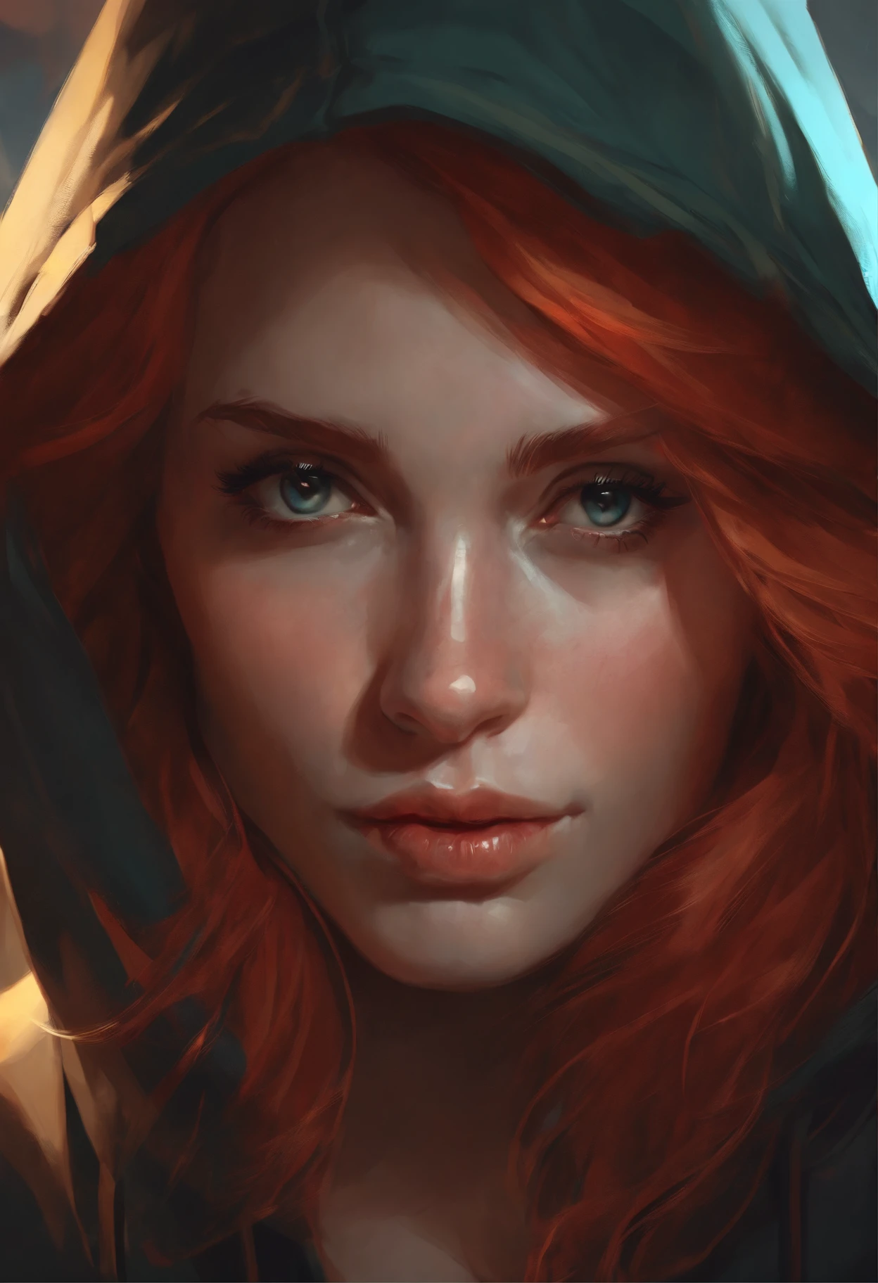 Close-up of a woman with red hair wearing a hoodie, alexandra fomina artstation, fantasy concept art portrait, loish and wlop, alena aenami and artgerm, artwork in the style of guweiz, artgerm and atey ghailan, charlie bowater character art, graphic artist magali villeneuve