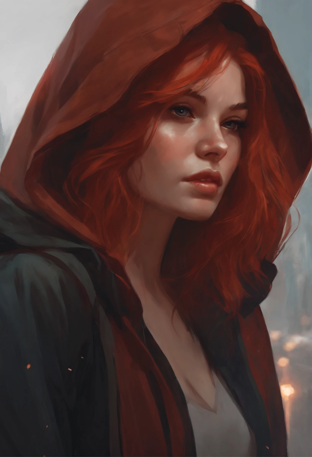 Close-up of a woman with red hair wearing a hoodie, alexandra fomina artstation, fantasy concept art portrait, loish and wlop, alena aenami and artgerm, artwork in the style of guweiz, artgerm and atey ghailan, charlie bowater character art, graphic artist magali villeneuve