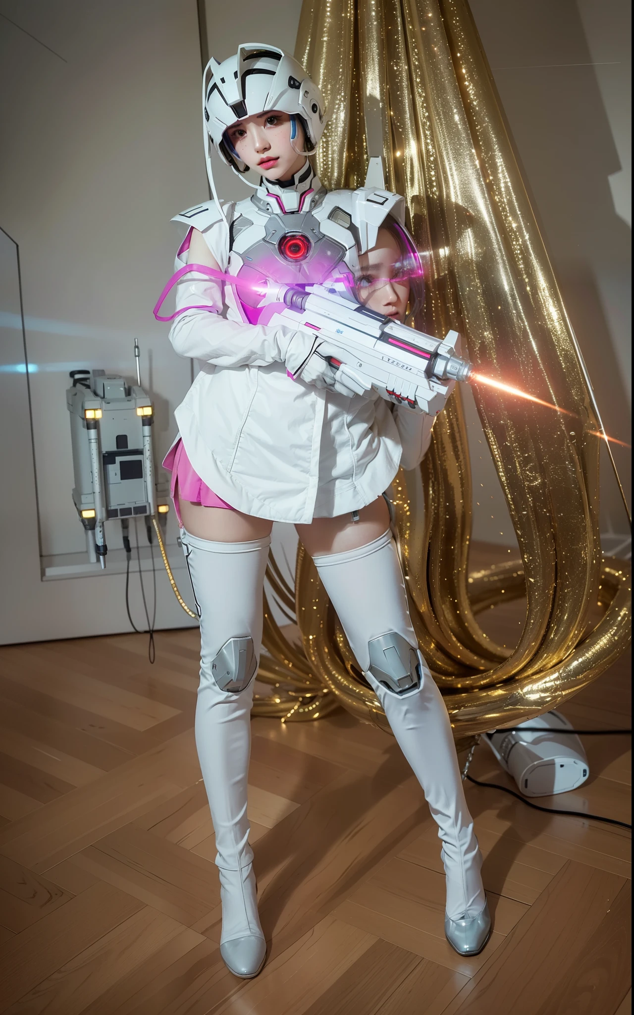Futuristic high-tech style,Best quality at best,Fairy skin,(Fidelity :1.2),everlasting,ultra - detailed,actual,high high quality,movie light lighting,ray traycing,hyper HD,Upper part of the body, Future Iron Man mecha,Cinema lenses,tank battery,Launching equipment,Large-caliber artillery,ross tran 8 k,mechatankcyberarmoredchariotgirl,Wearing a cyberpunk technology helmet,Star Warframe Helmet,There is a breathing light on the body,The armor of the future shines,armed cannon,High-tech warframe