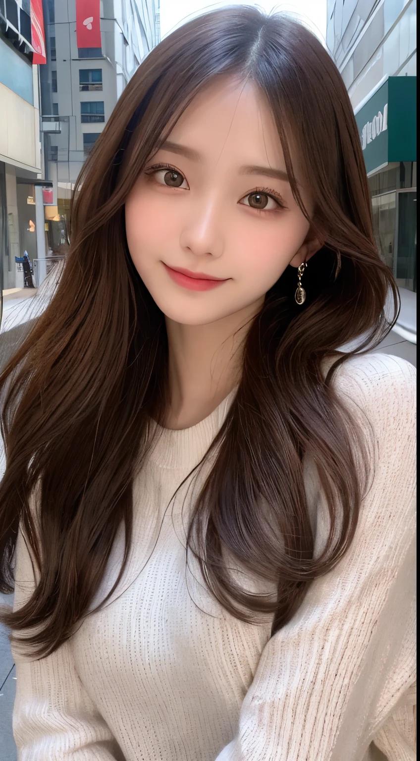 masutepiece, Best Quality, Illustration, Ultra-detailed, finely detail, hight resolution, 8K Wallpaper, Perfect dynamic composition, Beautiful detailed eyes, Winter dress,Medium Hair, Small breasts, Natural Color Lip,Smile,Big city、20 years girl、Midnight、beautifull detailed face、Perfect and beautiful face、slim face and style,Spread your arms wide,Big eyes,Take a photo from below the knees at a face angle