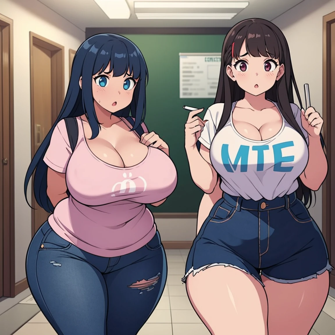 (((kipteitei art))), ((masterpiece)), (((best quality))), ((ultra-detailed)), (((illustration))), detailed face, detailed body, (((4girls))), ((Line art)), (in the style of cell shaded), (vivid colors), skindentation, (((fluffy hair))), looking at viewer, surprised, shocked, worried, tee shirt, blue jeans, skirt, (undersized clothes), ((tight clothes)), ((school hallway)), medium breasts, cleavage, perky breasts, ((pudgy)), belly hang, fat folds, tummy bulge, soft body, gaining weight, (((wide hips))), ((((thick thighs)))), 2 girls standing next to each other,