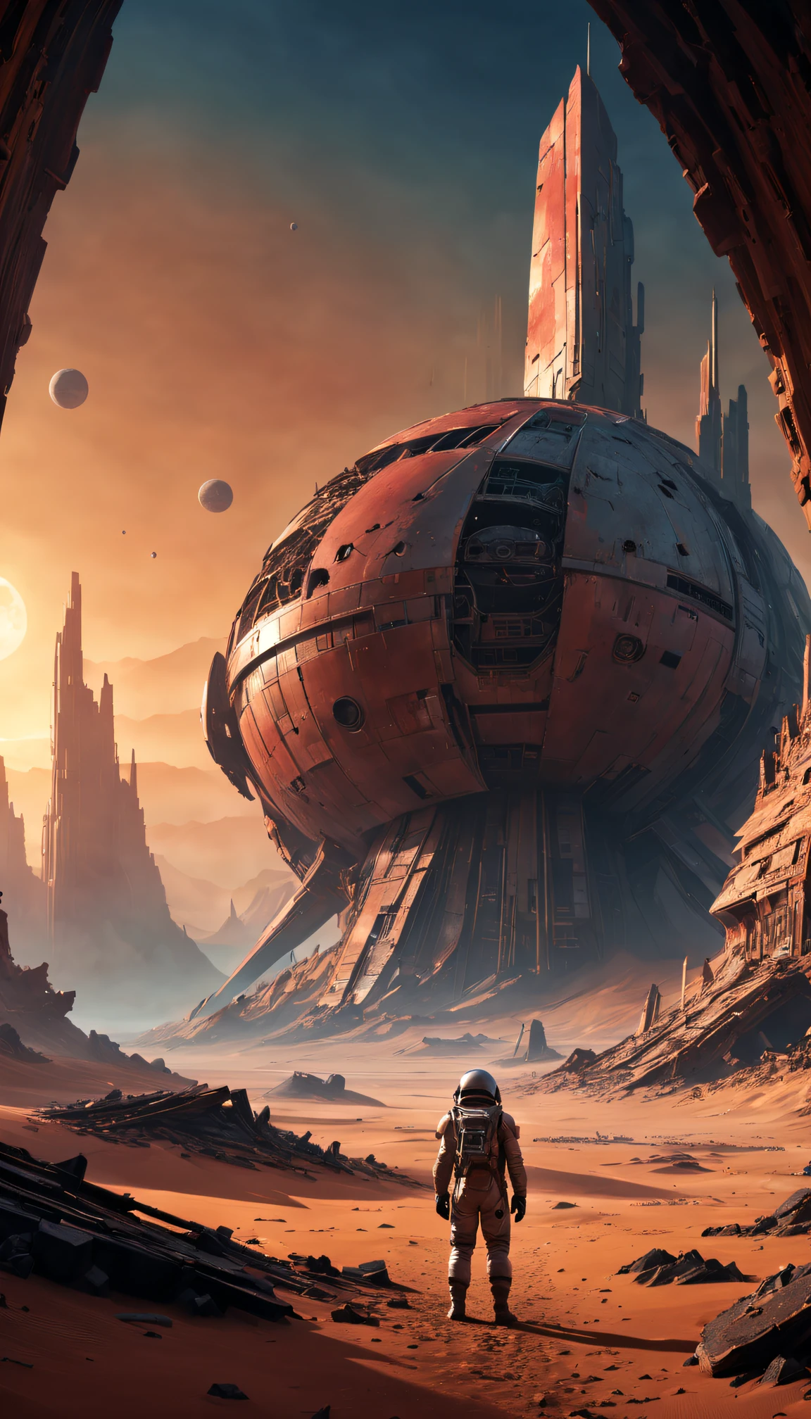(Best quality at best,4K,A high resolution,ultra - detailed,actual),ruined,Ancient starship wreckage,Red Planet,Enigmatic Atmosphere,Alien technology,desolate scenery,Sunset lighting,Science fiction concept,futurism aesthetic,Metal fragments,Crumbling structure,Dust and sand,(Astronaut explorer),Harsh environment,Ancient ruins,Far Mountain,The influence of cyberpunk,Alien artifacts,alien legacy,curved hull,Impressive shades,mystical colours,engine residue,large turbine,Remains of a space civilization,hauntingly beautiful,traces of lost civilization,unexplored secrets,remote location,science fiction exploration,vivd colour,The scale is unimaginable
