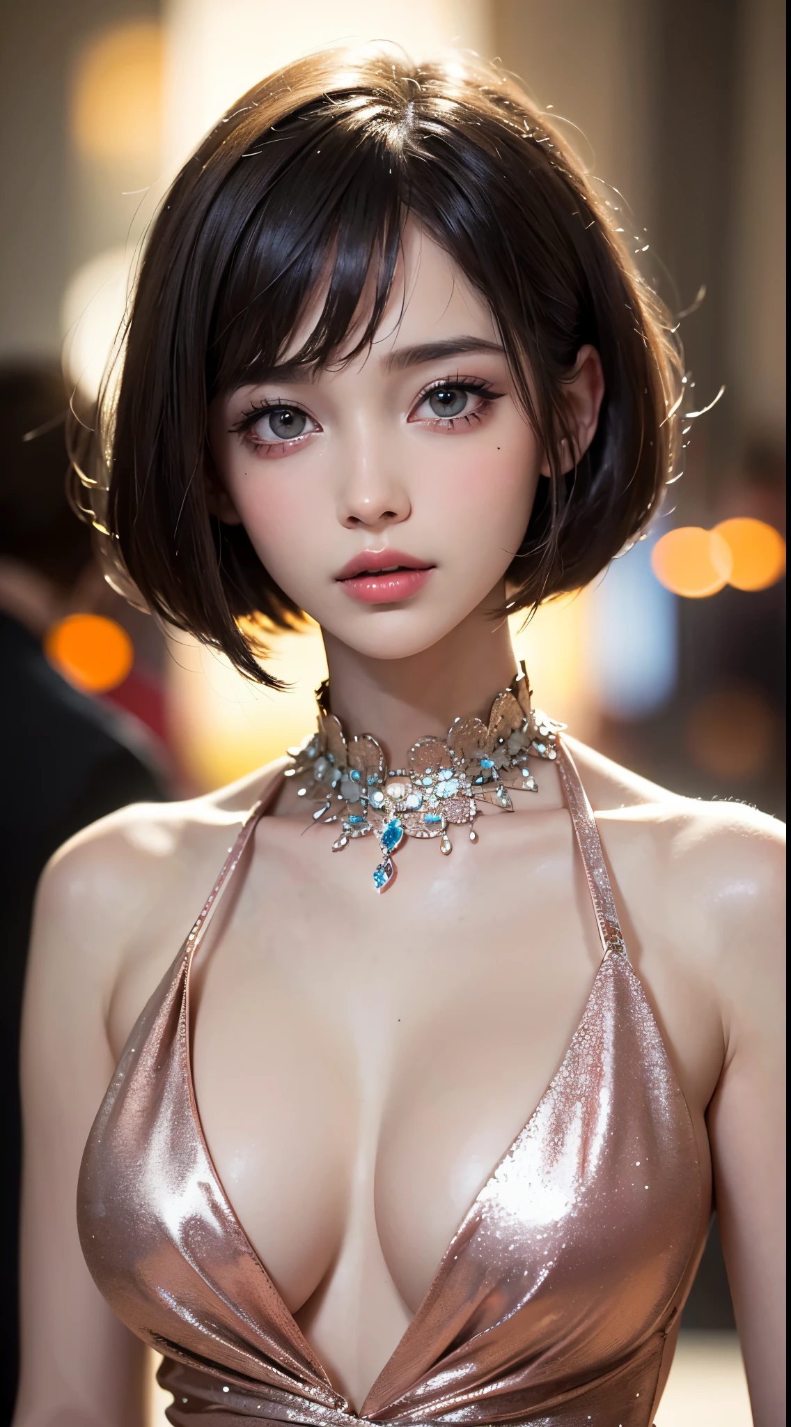 (UHD, retina, masterpiece, accurate, anatomically correct, textured skin, super detail, high details, high quality, best quality, high res, 1080P, HD, 4K, 8k, 16k), (beautiful detailed eyes, beautiful detailed lips, extremely detailed eyes and face), studio lighting, physically-based rendering, vivid colors, (large breasts, glamorous body), (halter neck dress), (portrait, bob cut, shiny hair, shiny skin, blush), (bokeh), eye reflection,