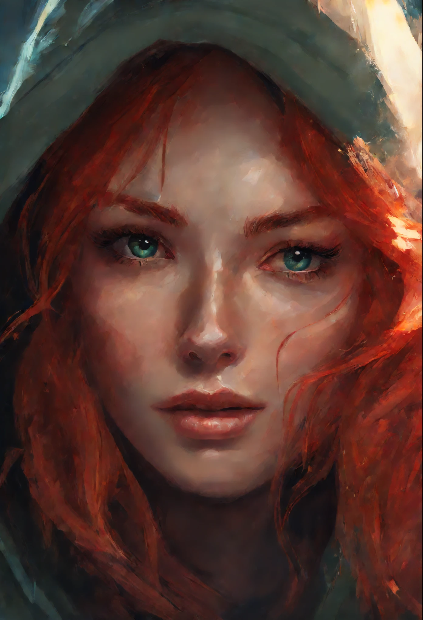 Painting of a woman with red hair and a hoodie, beautiful character painting, rossdraws portrait, digital painting concept art, ArtStation Painting, Character portrait, fantasy concept art portrait, alexandra fomina artstation, cgsociety portrait, Character portrait, rossdraws 1. 0, stunning character art, gorgeous digital painting, Character portrait крупным планом, Digital Character Painting