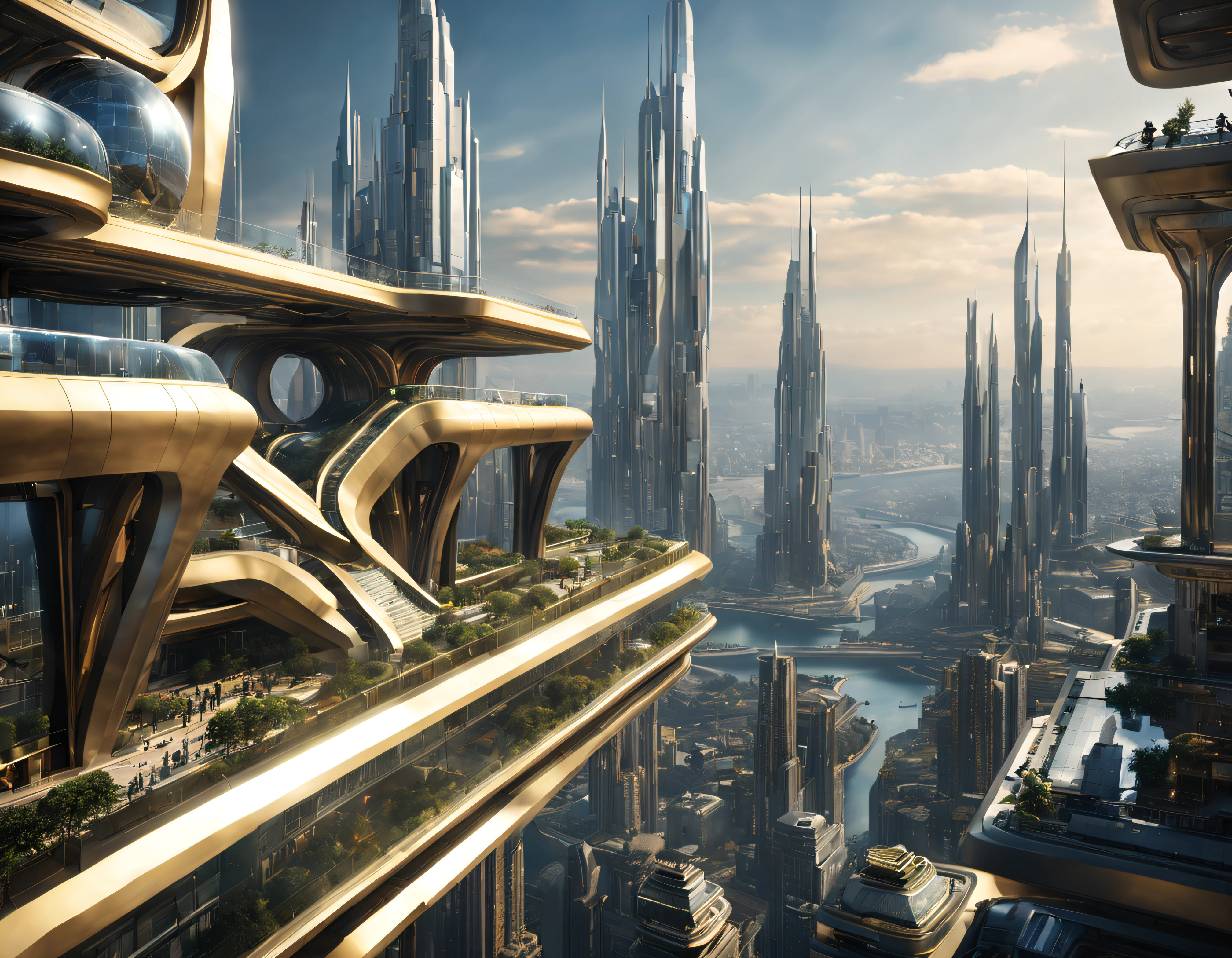 the city of megacity futuristic science fiction city as it would be in the year 3029, vista desde una terraza , with high-tech design , edificios de metal y cristal, autopistas cruzandolos, de una inmensidad impresionante, con el empleo de oro , plata y bronce en su construccion, realmente impresionante a la vista, imagen bien definida, fondo nitido bien defifido, con muchos edificios juntos. imagen nitida bien definida 8k. los edificios llegan alta el fondo.,8k. imagen cinematografica, renderizado 3d, ((obra maestra de superior calidad)).