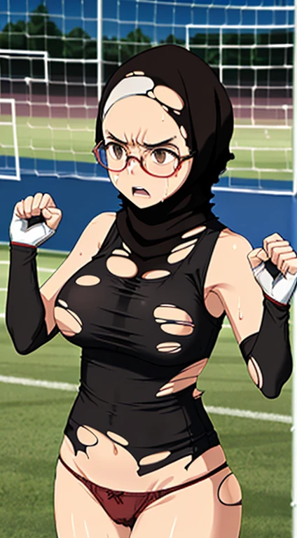 Photo of a indonesian female teacher with saggy breasts, (((keeping the goal))) in the middle of(soccer field), 40yo,busty body, tall body, tanned skin, dimples, light, detailed face, embarrassed face, ((looking disgusted)), ((very angry)), (dissapointed), ((hands raised up)), ((hands in front)), Perfect breasts, big breasts, natural breasts, big nipples, G cup, (((brown hijab))),(((glasses))), (nude), ((torn_tank_top:1.4)), (((cotton panties))), (((goalkeeper gloves))), (sweat:1), (wet)
