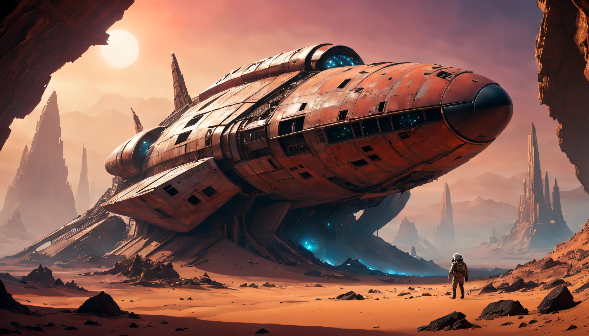 (Best quality at best,4K,A high resolution,ultra - detailed,actual),ruined,Ancient starship wreckage,Red Planet,Enigmatic Atmosphere,Alien technology,desolate scenery,Sunset lighting,Science fiction concept,futurism aesthetic,Metal fragments,Crumbling structure,Dust and sand,(Astronaut explorer),Harsh environment,Ancient ruins,Far Mountain,The influence of cyberpunk,Alien artifacts,alien legacy,curved hull,Impressive shades,mystical colours,engine residue,large turbine,Remains of a space civilization,hauntingly beautiful,traces of lost civilization,unexplored secrets,remote location,science fiction exploration,vivd colour,The scale is unimaginable
