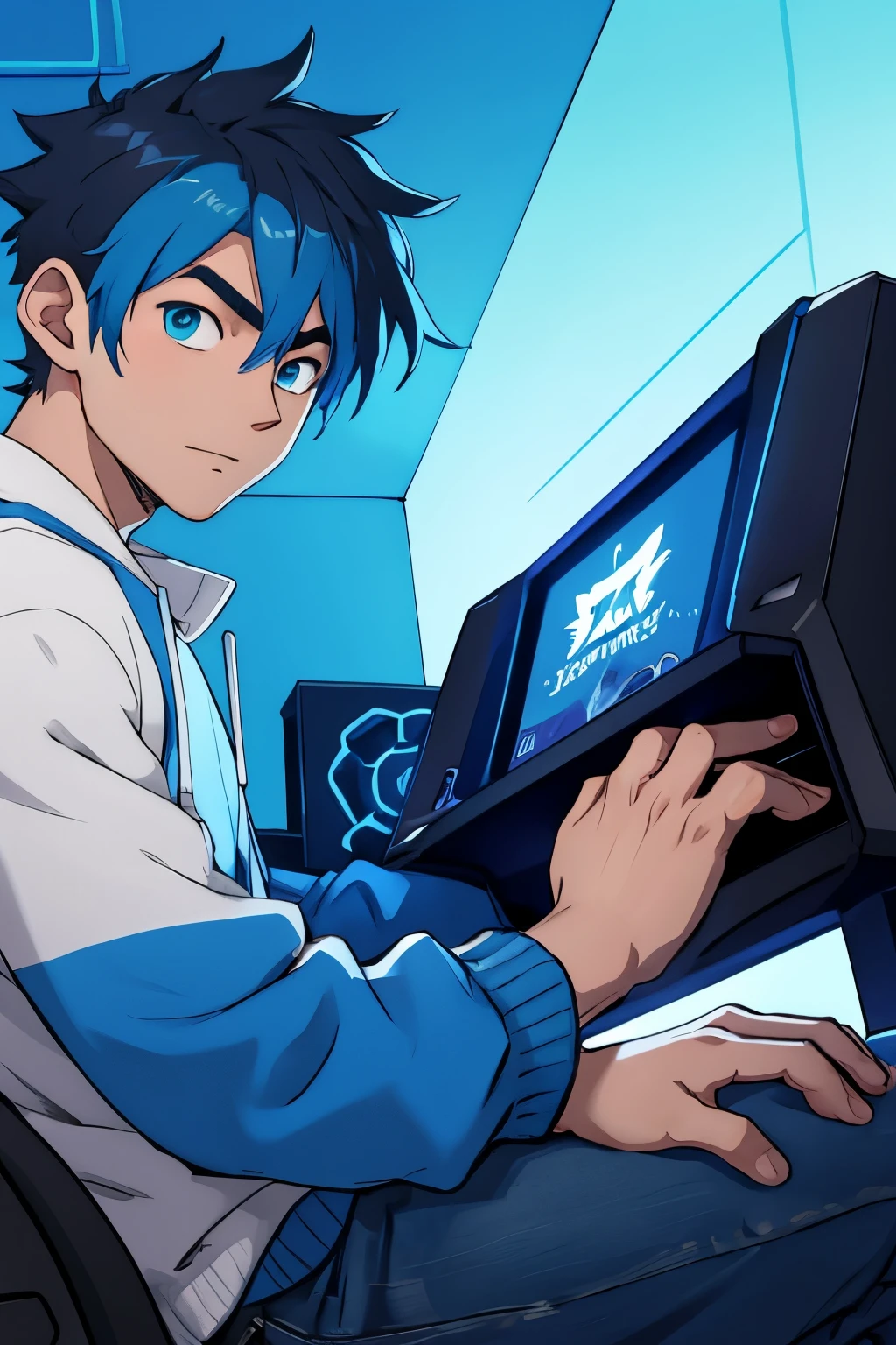 Anime gamer boy with a blue theme