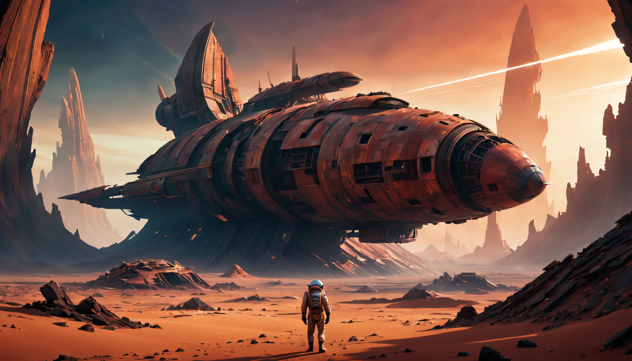 (Best quality at best,4K,A high resolution,ultra - detailed,actual),ruined,Ancient starship wreckage,Red Planet,Enigmatic Atmosphere,Alien technology,desolate scenery,Sunset lighting,Science fiction concept,futurism aesthetic,Metal fragments,Crumbling structure,Dust and sand,(Astronaut explorer),Harsh environment,Ancient ruins,Far Mountain,The influence of cyberpunk,Alien artifacts,alien legacy,curved hull,Impressive shades,mystical colours,engine residue,large turbine,Remains of a space civilization,hauntingly beautiful,traces of lost civilization,unexplored secrets,remote location,science fiction exploration,vivd colour,The scale is unimaginable