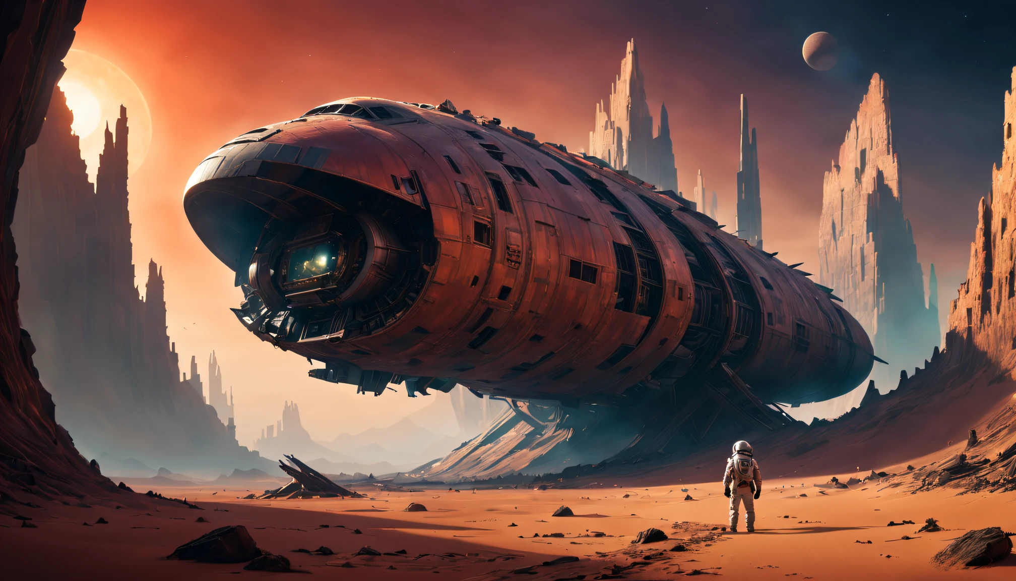 (Best quality at best,4K,A high resolution,ultra - detailed,actual),ruined,Ancient starship wreckage,Red Planet,Enigmatic Atmosphere,Alien technology,desolate scenery,Sunset lighting,Science fiction concept,futurism aesthetic,Metal fragments,Crumbling structure,Dust and sand,(Astronaut explorer),Harsh environment,Ancient ruins,Far Mountain,The influence of cyberpunk,Alien artifacts,alien legacy,curved hull,Impressive shades,mystical colours,engine residue,large turbine,Remains of a space civilization,hauntingly beautiful,traces of lost civilization,unexplored secrets,remote location,science fiction exploration,vivd colour,The scale is unimaginable