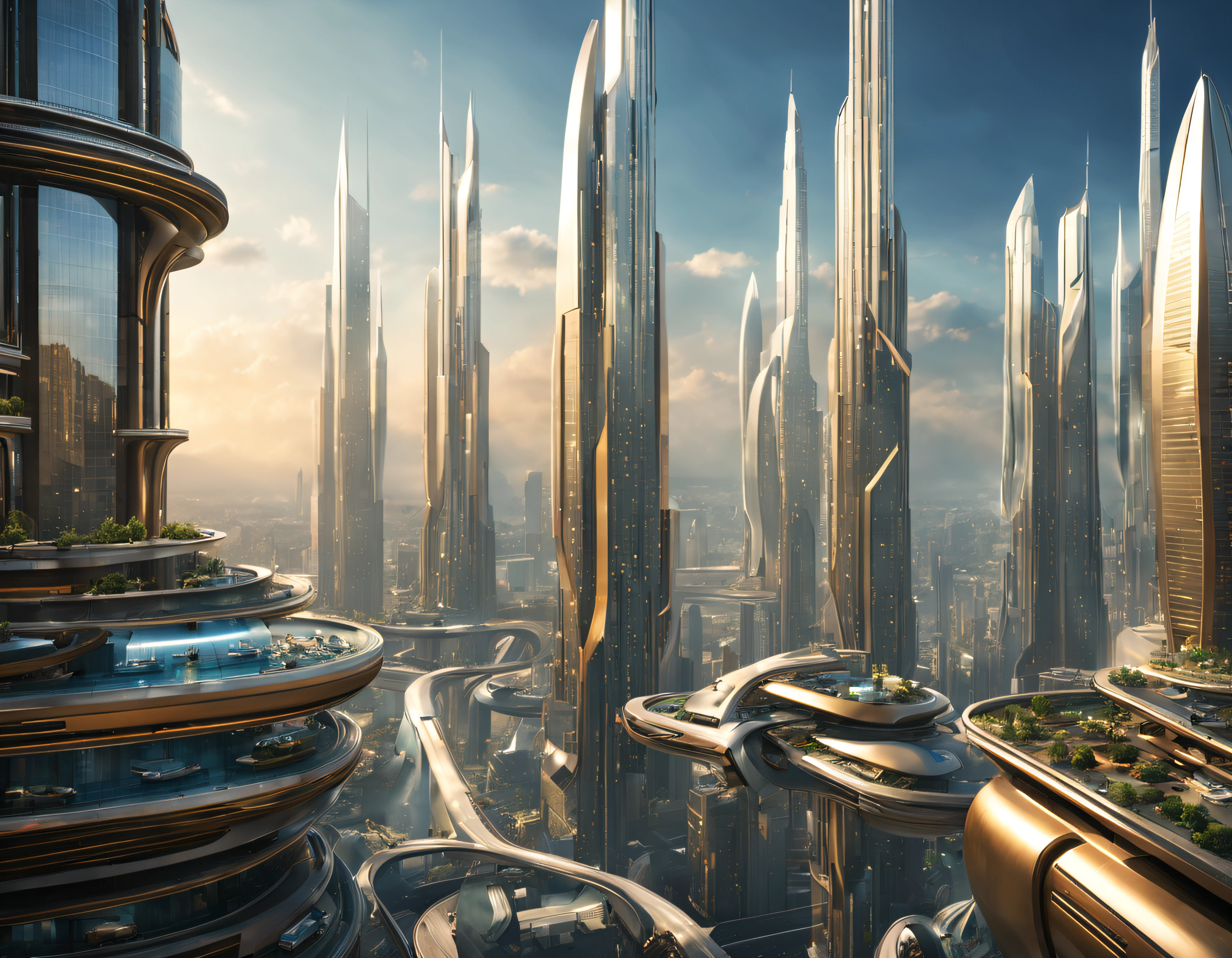 the city of megacity futuristic science fiction city as it would be in the year 3029, vista desde una terraza , with high-tech design , edificios de metal y cristal, autopistas cruzandolos, de una inmensidad impresionante, con el empleo de oro , plata y bronce en su construccion, realmente impresionante a la vista, imagen bien definida, fondo nitido bien defifido, con muchos edificios juntos. imagen nitida bien definida 8k. los edificios llegan alta el fondo.,8k. imagen cinematografica, renderizado 3d, ((obra maestra de superior calidad)).