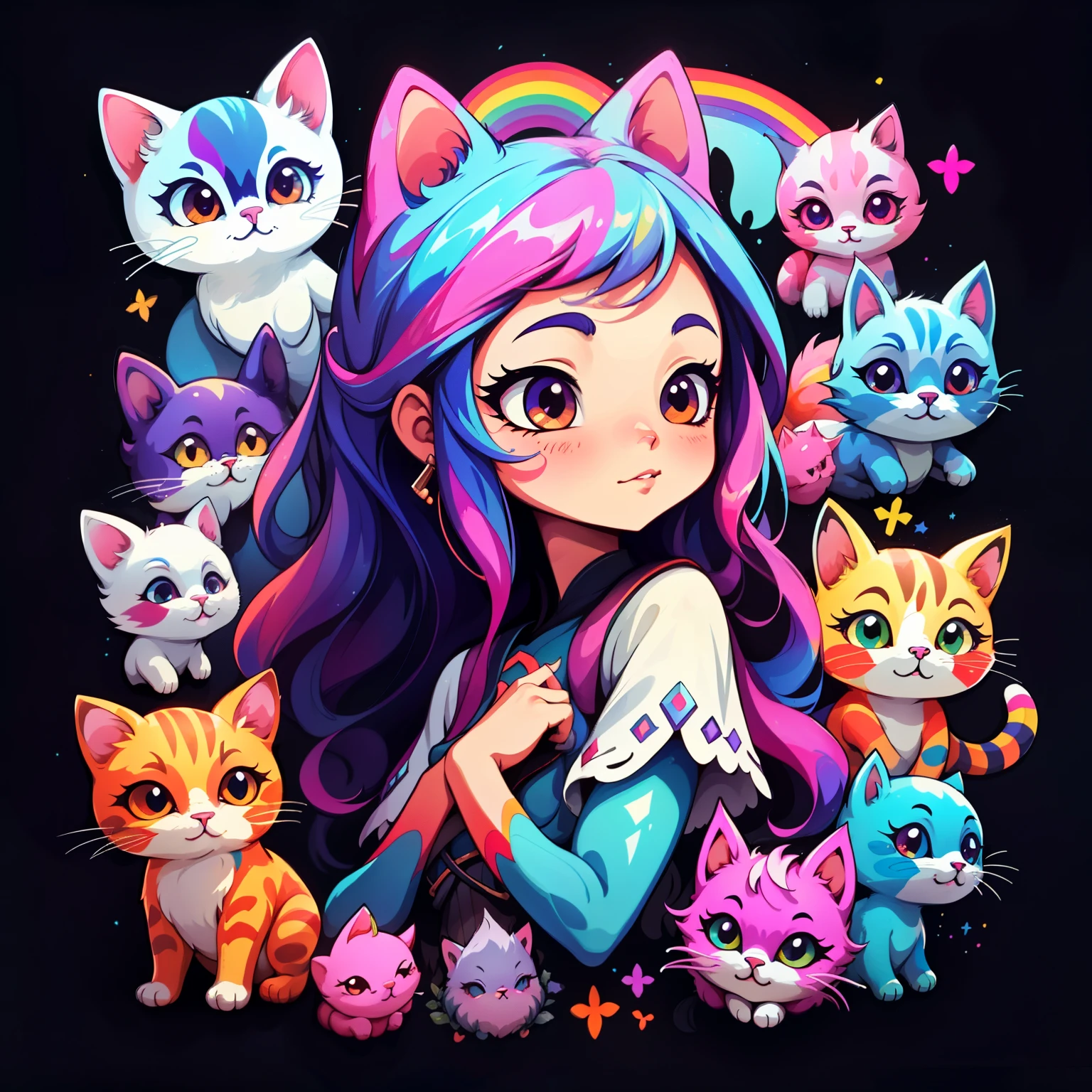 adesivo,1girl, fundo simples, retrato, girl with long hair, beautiful cat girl, kitty aesthetic, beautiful girl, very beautiful fantasy art, beautiful and elegant female kitty, beautiful detailed fantasy, raibow color palate, rainbow color-theme