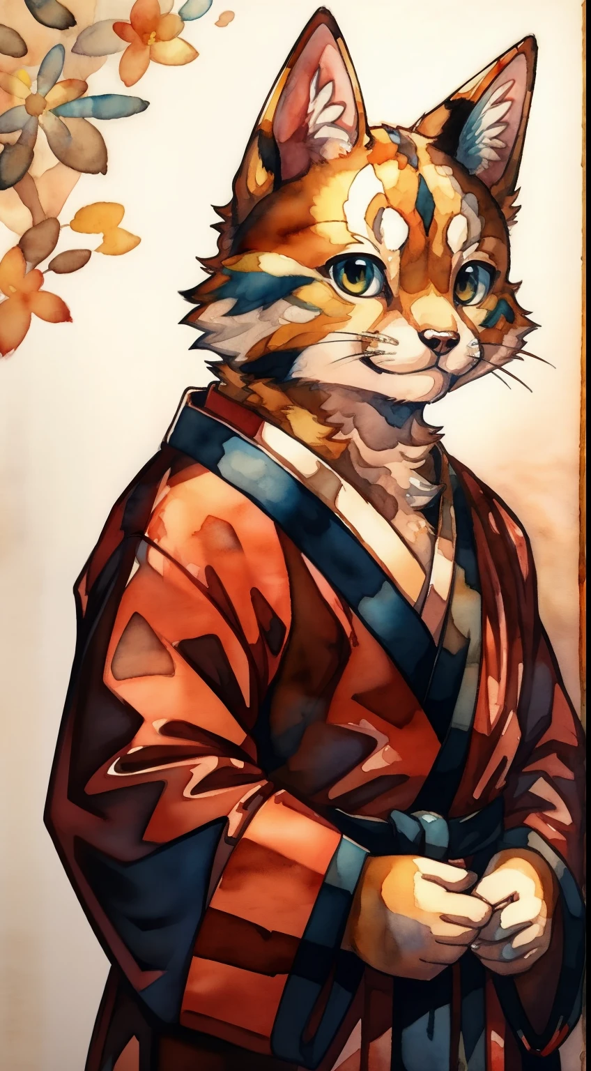Portrait of a dog cat wearing a robe, Chinese watercolor painting.