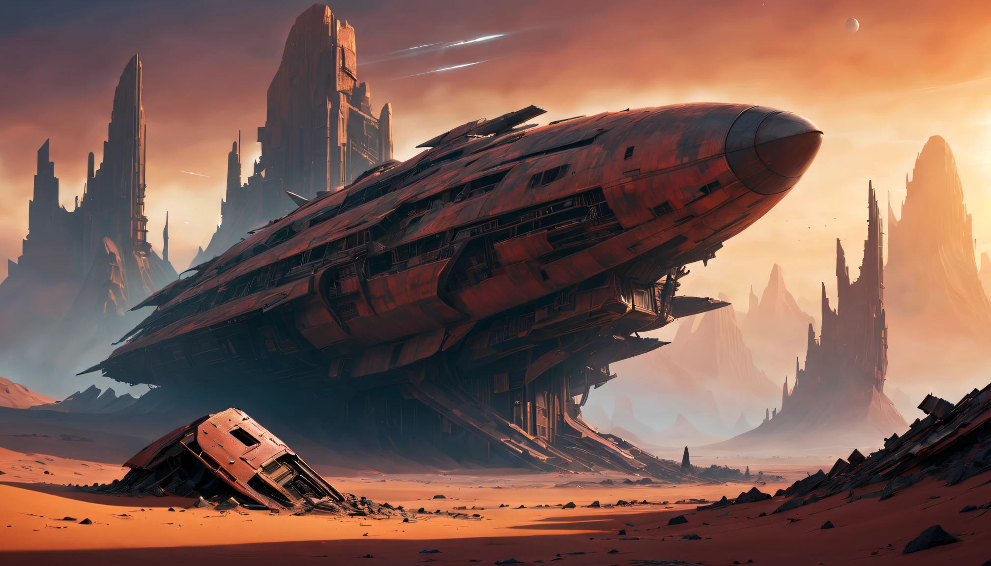 (Best quality at best,4K,A high resolution,ultra - detailed,actual),ruined,Ancient starship wreckage,Red Planet,Enigmatic Atmosphere,Alien technology,desolate scenery,Sunset lighting,Science fiction concept,futurism aesthetic,Metal fragments,Crumbling structure,Dust and sand,Harsh environment,Ancient ruins,Far Mountain,The influence of cyberpunk,Alien artifacts,alien legacy,curved hull,Impressive shades,mystical colours,engine residue,large turbine,Remains of a space civilization,hauntingly beautiful,traces of lost civilization,unexplored secrets,remote location,science fiction exploration,vivd colour,The scale is unimaginable