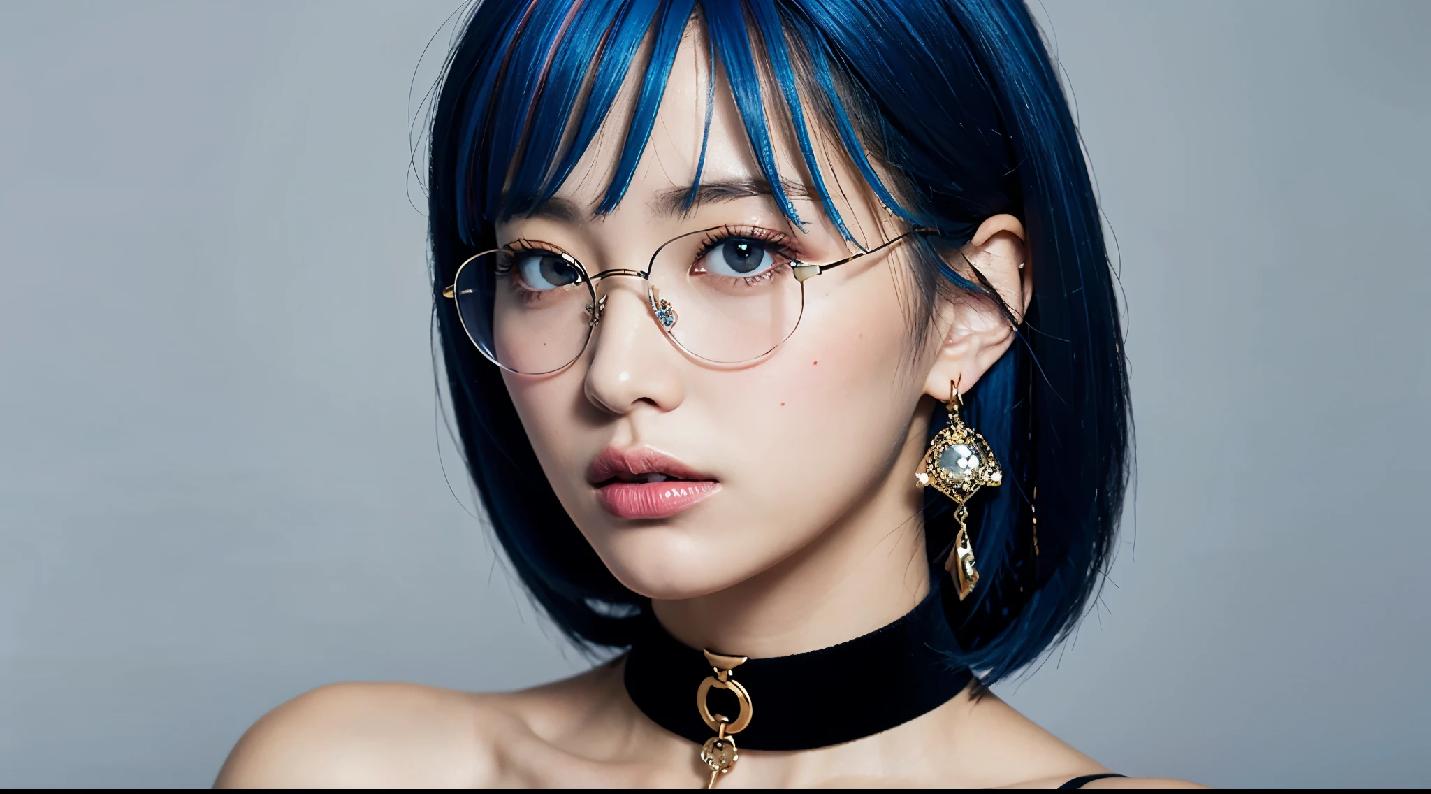 8K Wallpaper, masutepiece, Movie Lighting, Best Quality, Illustration, Dramatic Angle, ((Color: 1.1)), ((Color inner hair: 1.4)), 1girl in, Solo, Long hair, Water, Blue eyes, Black glasses, Choker, Parted lips, white Choker, liquid hair, Black hair, Bangs, from Side, Side, Upper body, Simple background, Gray background, Bare shoulders, Portrait, gaze at the audience, White Dress, hair between eye, White background, earrings,