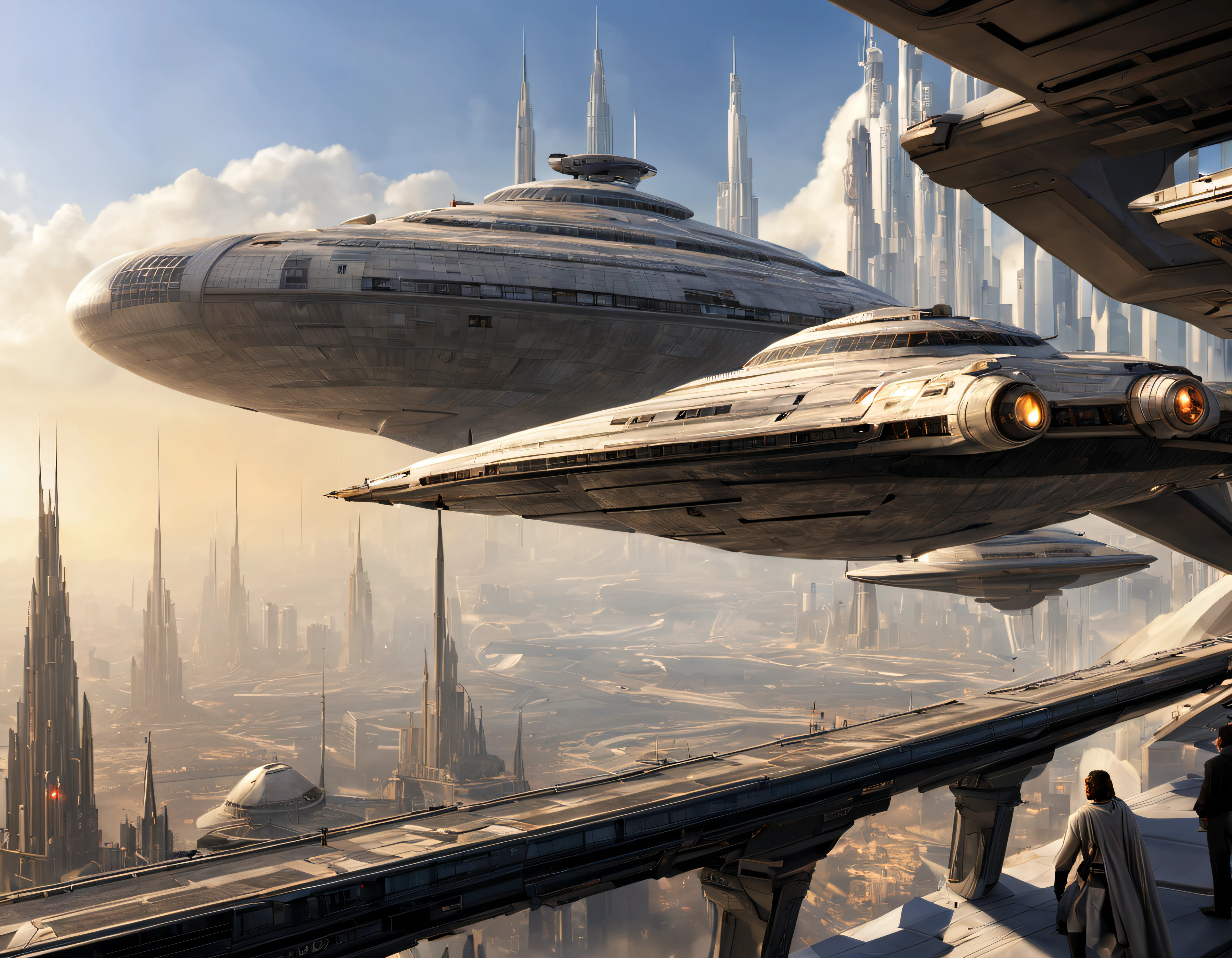 desde una terraza de la ciudad de coruscant de star wars, con sus inmensos edificios futuristas, divisandose el aeropuerto de coruscant, con una inmensa nave alargada posada, (Design by Doug Chiang), edificios del fondo nitidos y bien definidos, intrincados detalles de la maquina de la mas alta calidad, estilo cinematografico, nitidez absoluta, imagen 8k. (obra maestra de superior calidad).