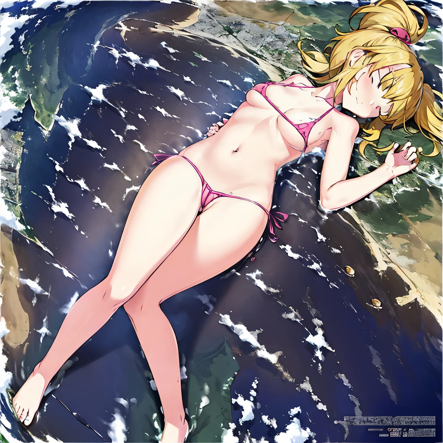 Cute face, small tits, short, long hair, beach, pink bikini