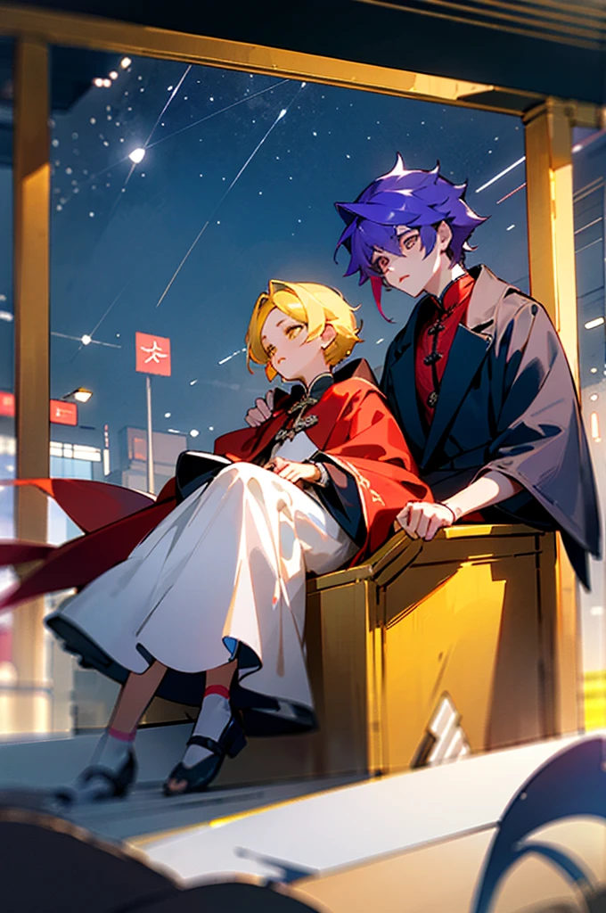 ((Best quality)), ((tmasterpiece)), (Detailed pubic hair), It's a perfect face,2boy,Blue starry sky and bustling streets,On the right is a boy with yellow hair、Shopping in a midi-length jacket..,The boy with long purple hair on the left is wearing a Chinese red wedding dress、Wearing various accessories and red hijab、Sitting in an eight-person sedan chair,