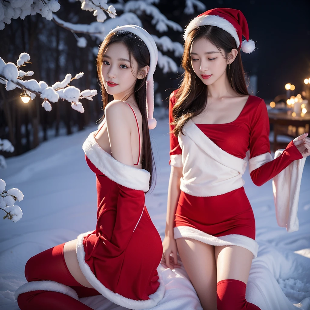 on a cold christmas night,Moonlight shines on the silvery snow,Create a mysterious and peaceful atmosphere。She stands in front of the shining Christmas tree,Wearing a gorgeous red Christmas dress,The delicate fabric seems to be woven by the elves themselves。The hem of the skirt flutters gently,Dancing in the breeze,Like a charming red ribbon。
She is wearing a bright red Santa hat,Embellished with sparkling gold stars and silver tassels。The brim of the hat hung gently on her slender forehead,Draw perfect linelack hair falls from under the hat,Soft as silk。Her eyes were bright and crystalline,It's like two gems,Reveal the light of warmth and kindness。The long eyelashes tremble gently,Like butterflies dancing,Conveying the joy and joy deep in her heart。
Her tall figure has smooth and graceful lines,Perfect curves show off her feminine charm。Slender legs wrapped in red stockings,Like a pair of smooth and delicate snow-white cashmere。Delicate red heels complemented her Christmas dress,It's eye-catching。
Her delicate skin is as pure and flawless as white snow,Exudes a light strawberry aroma。The red lips are slightly raised,Exudes a confident and charming smile。She gently brushed the Christmas lights among the branches,lit up a string of shining little stars,As if cheering and celebrating her beauty。
Description of the appearance of this peerless beauty,Like a work of art,People are captivated by it。Her presence seems to decorate the entire Christmas Eve into a dreamy fairy tale world,Let everyone be immersed in her charm and warmth。