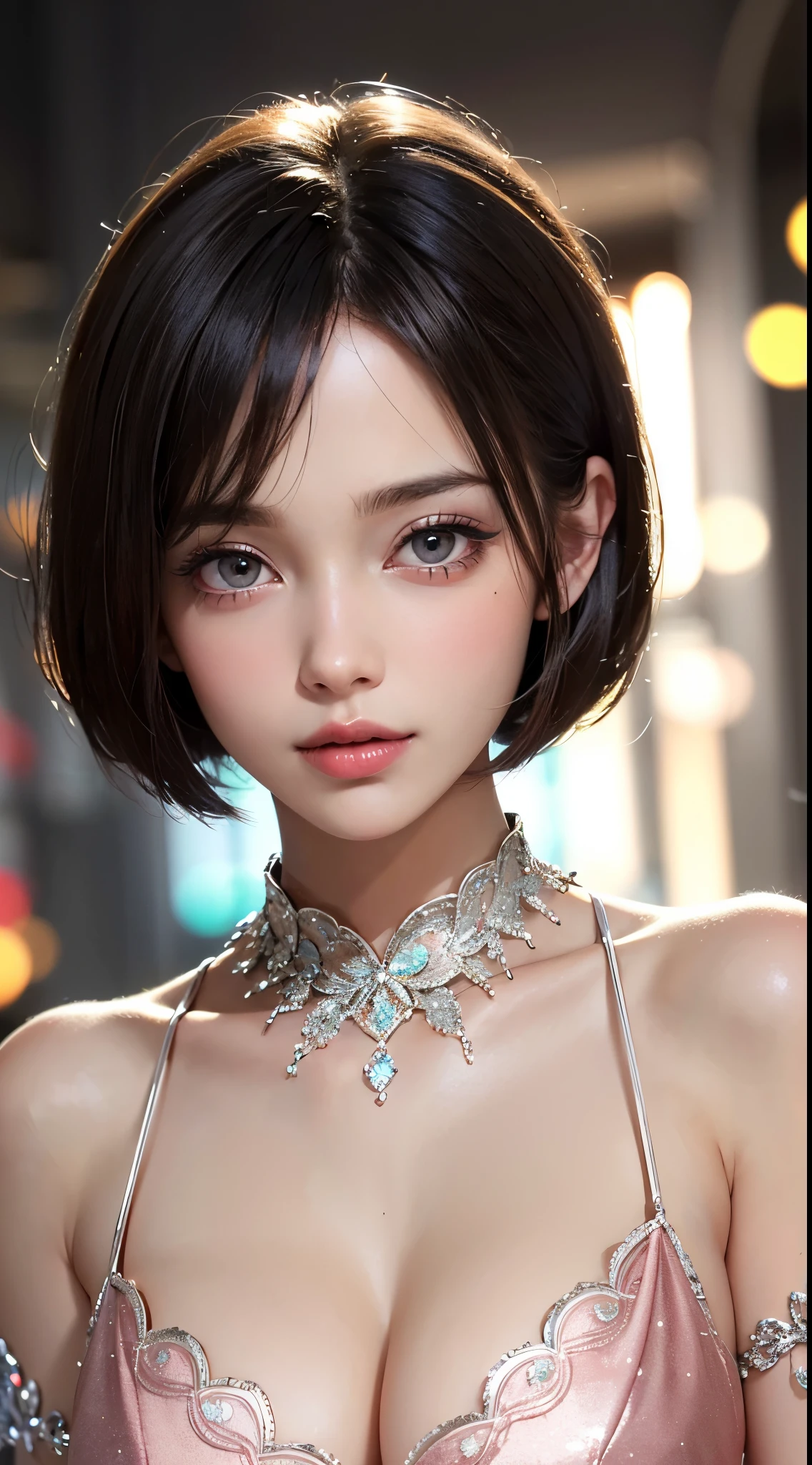 (UHD, retina, masterpiece, accurate, anatomically correct, textured skin, super detail, high details, high quality, best quality, high res, 1080P, HD, 4K, 8k, 16k), (beautiful detailed eyes, beautiful detailed lips, extremely detailed eyes and face), studio lighting, physically-based rendering, vivid colors, (large breasts, glamorous body), (see through dress), (portrait, bob cut, shiny hair, shiny skin, blush), (bokeh), eye reflection,